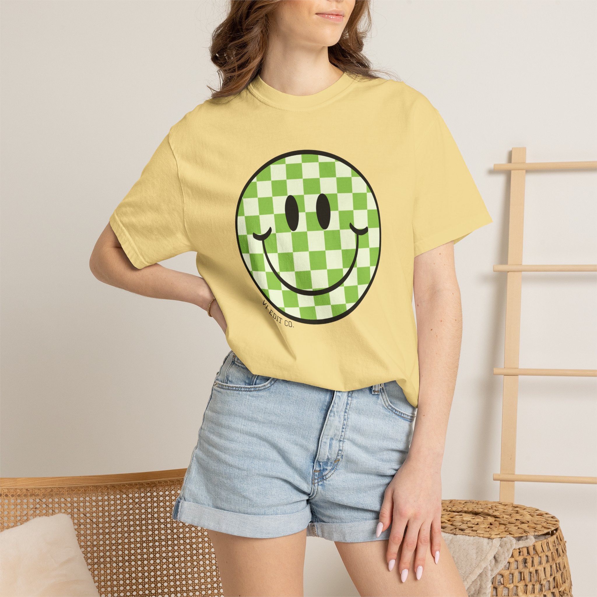 Green Checker Smiley Face T-shirt | Text Back "Just A Mama Who Loves Her Babes"