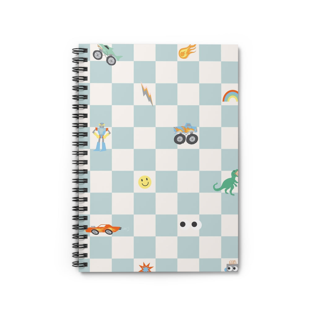 Checkerboard Kids Spiral Notebook — Playful Emoji & Race Car Ruled Journal