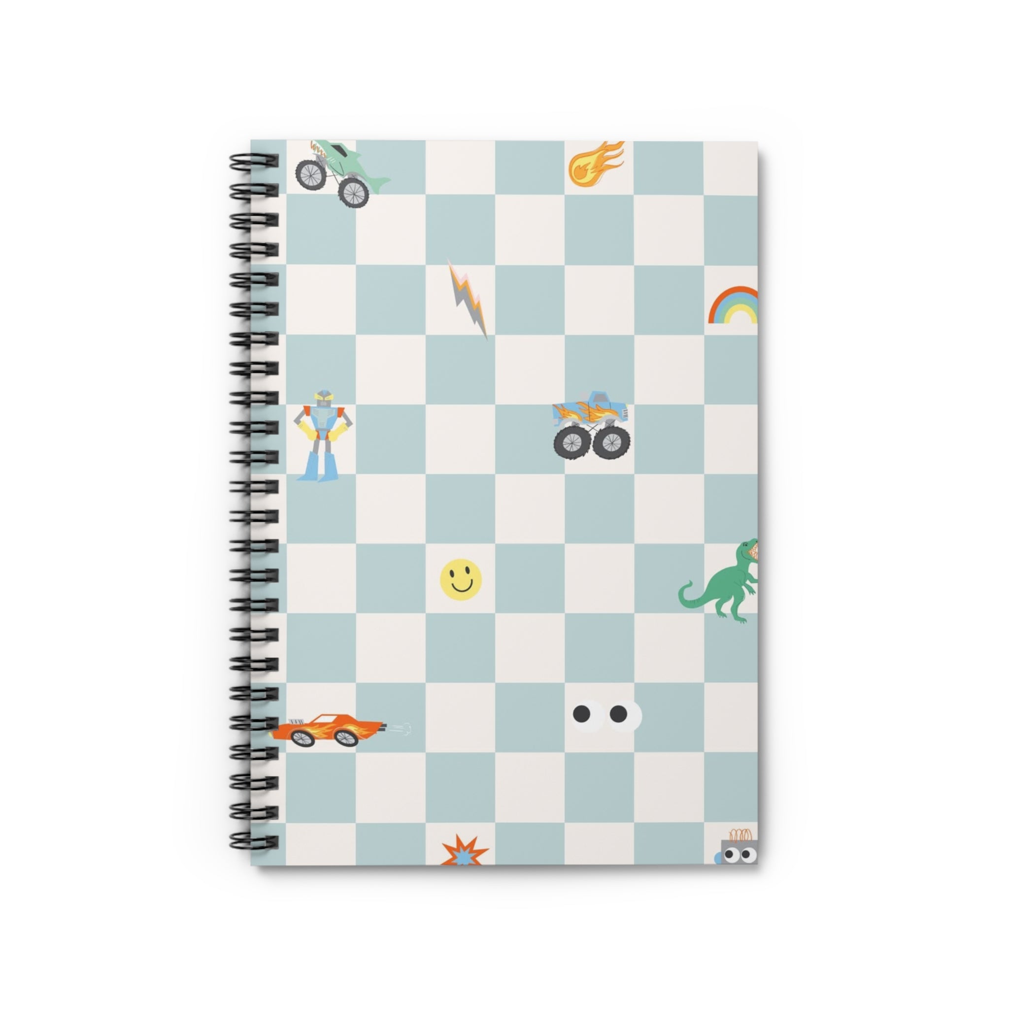 Checkerboard Kids Spiral Notebook — Playful Emoji & Race Car Ruled Journal