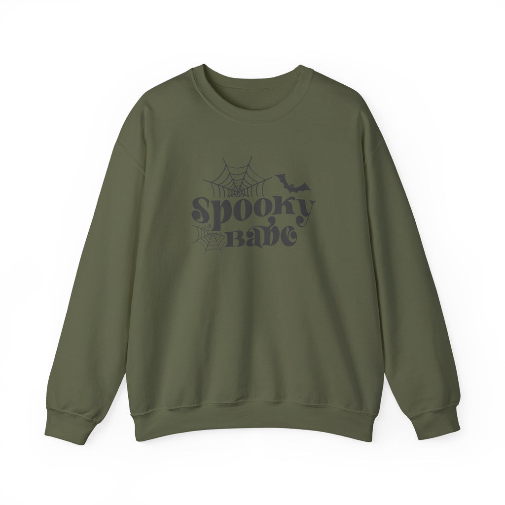 Spooky Babe Sweatshirt — Halloween Spiderweb & Bat Graphic Crewneck