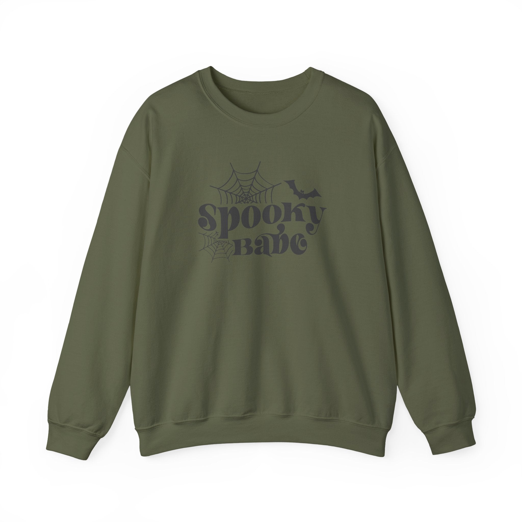 Spooky Babe Sweatshirt — Halloween Spiderweb & Bat Graphic Crewneck