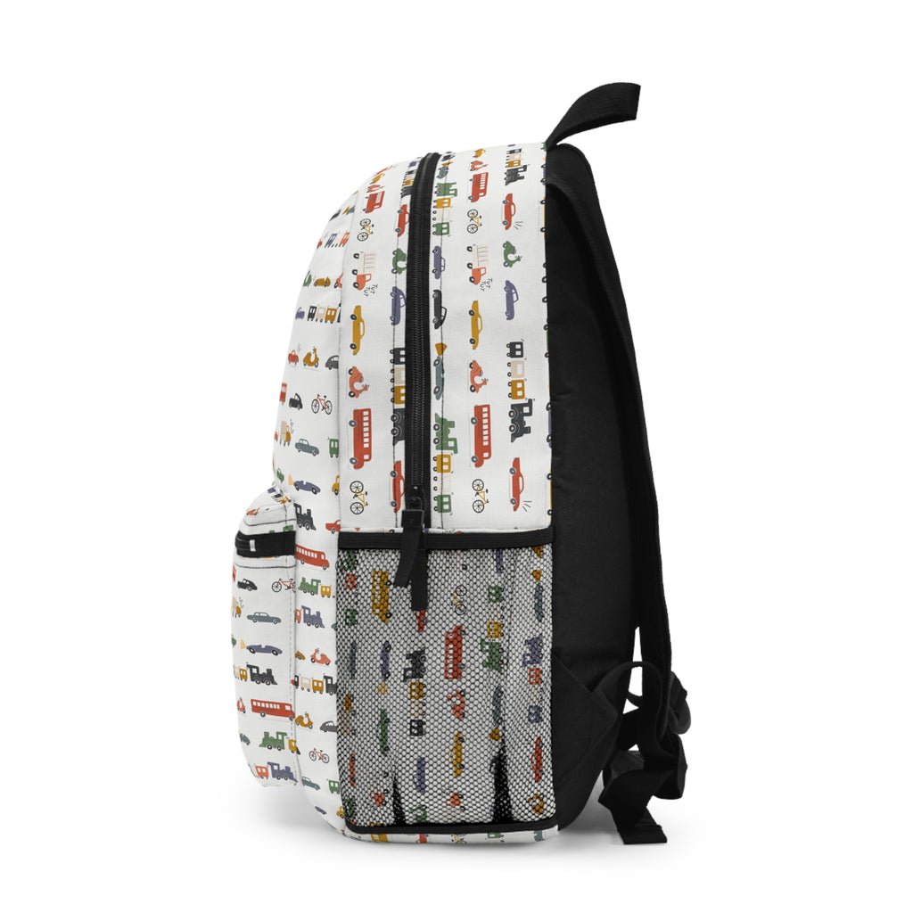 Kids' White Mini Vehicles Backpack — Cute Cars, Trucks & Bikes Print