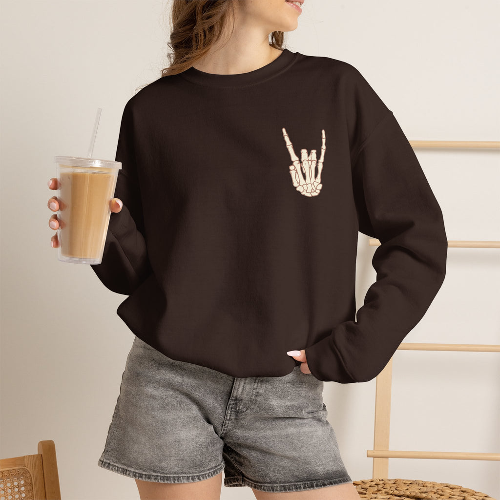 Halloweentown University Crewneck Sweatshirt — Skeleton Hand Rock On Pullover
