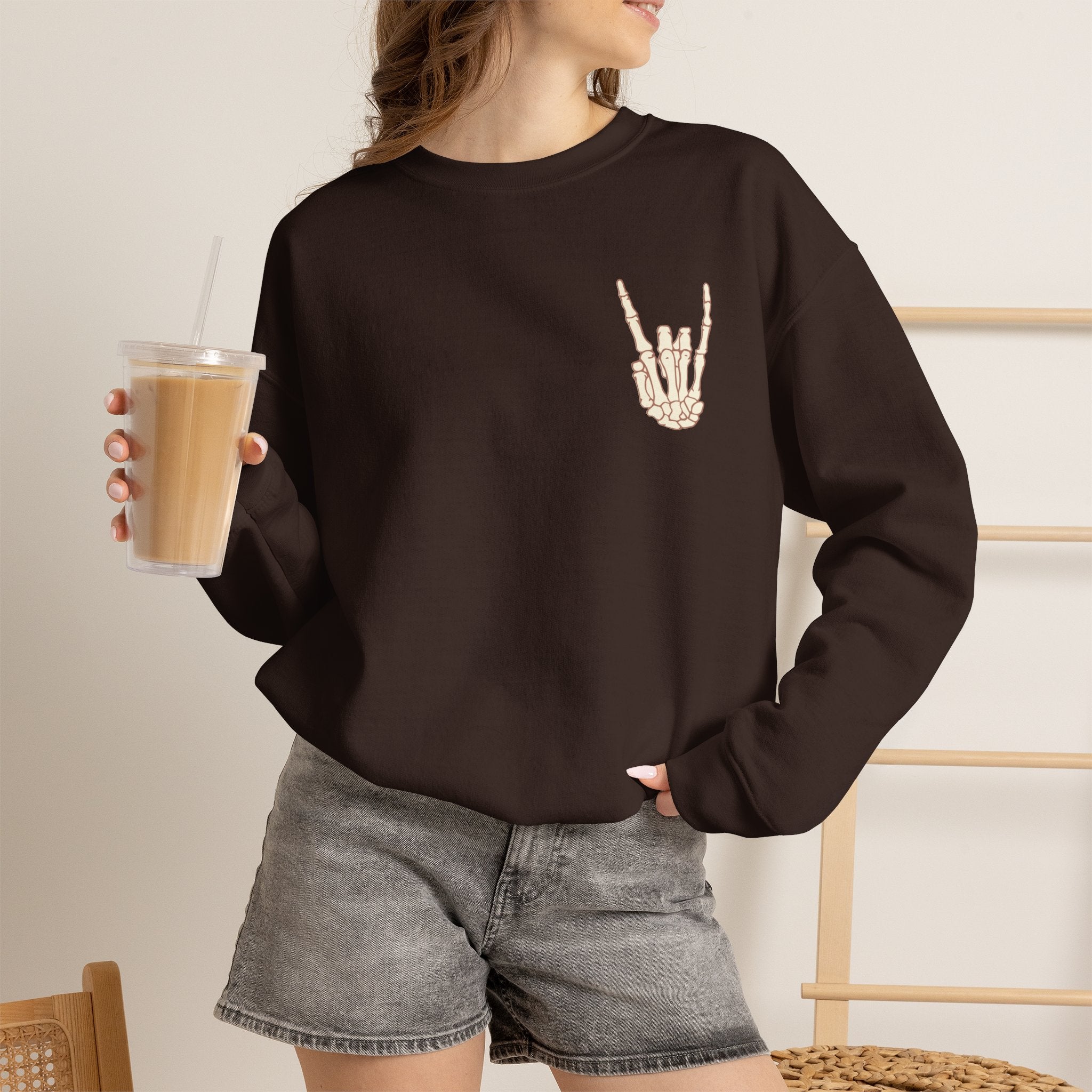 Halloweentown University Crewneck Sweatshirt — Skeleton Hand Rock On Pullover