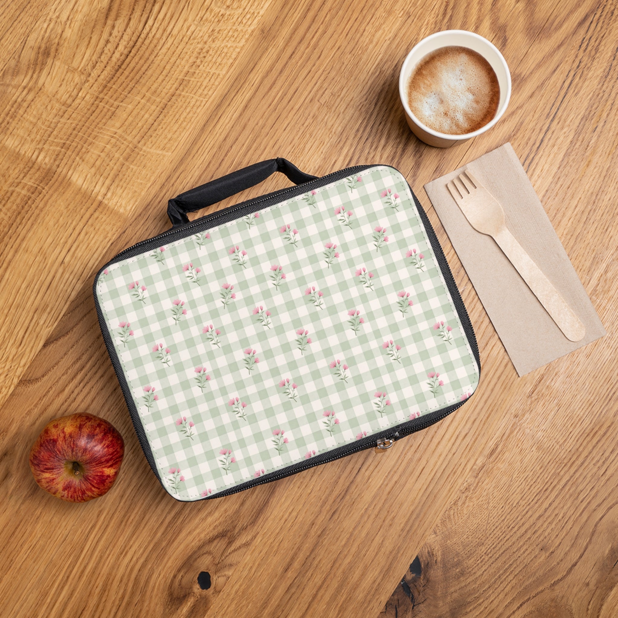 Floral Gingham Lunch Bag — Vintage Pink Rose Checked Insulated Tote