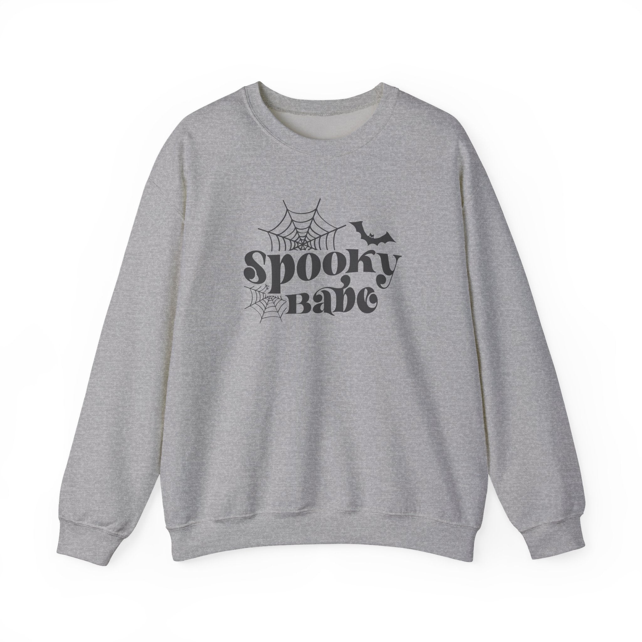 Spooky Babe Sweatshirt — Halloween Spiderweb & Bat Graphic Crewneck