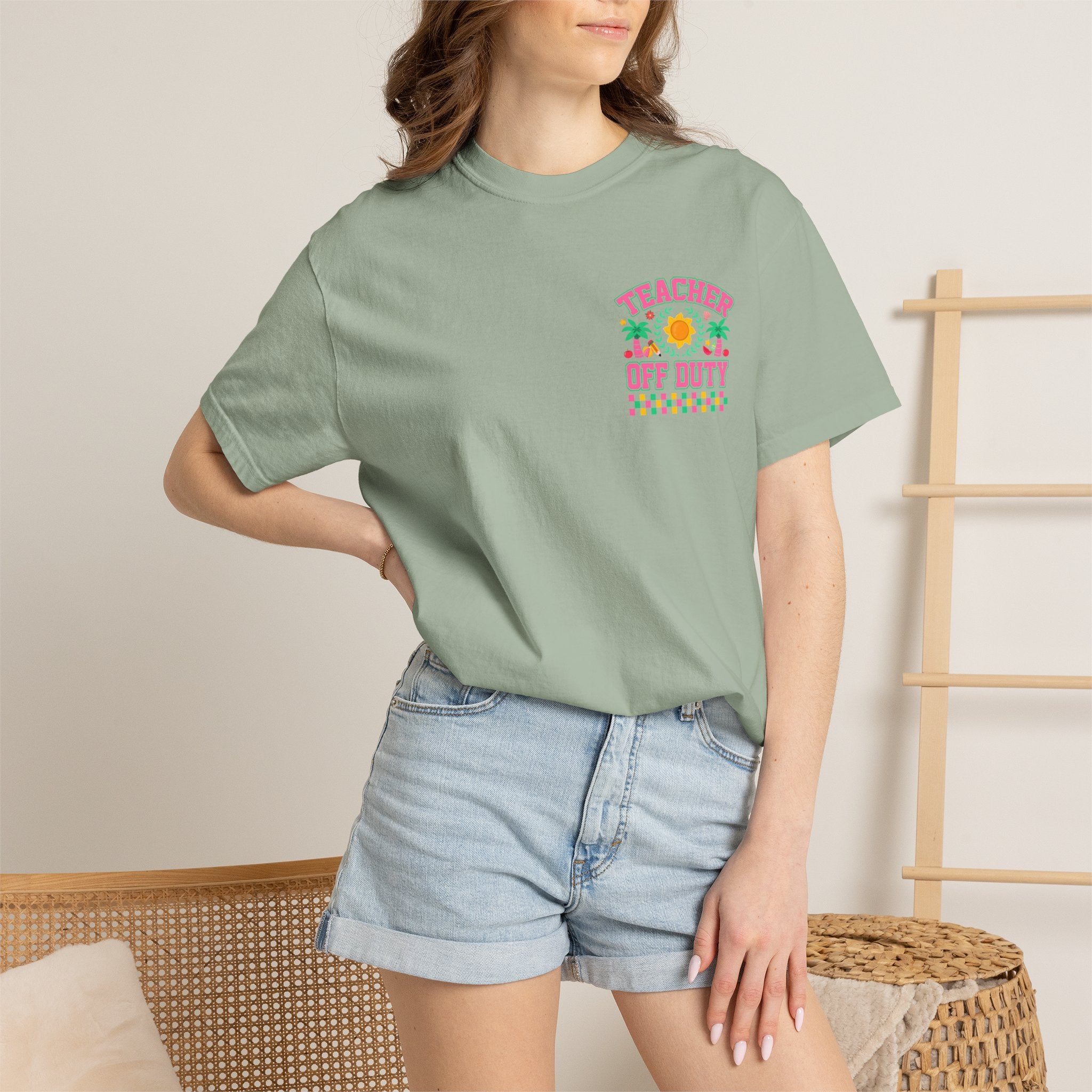 Teacher Off Duty T-Shirt | Beach Sun Palm Trees Retro Checkerboard