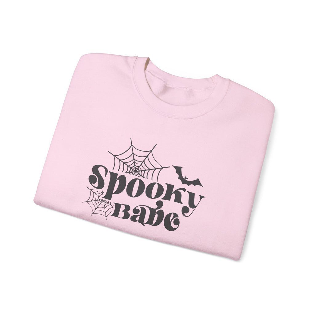 Spooky Babe Sweatshirt — Halloween Spiderweb & Bat Graphic Crewneck