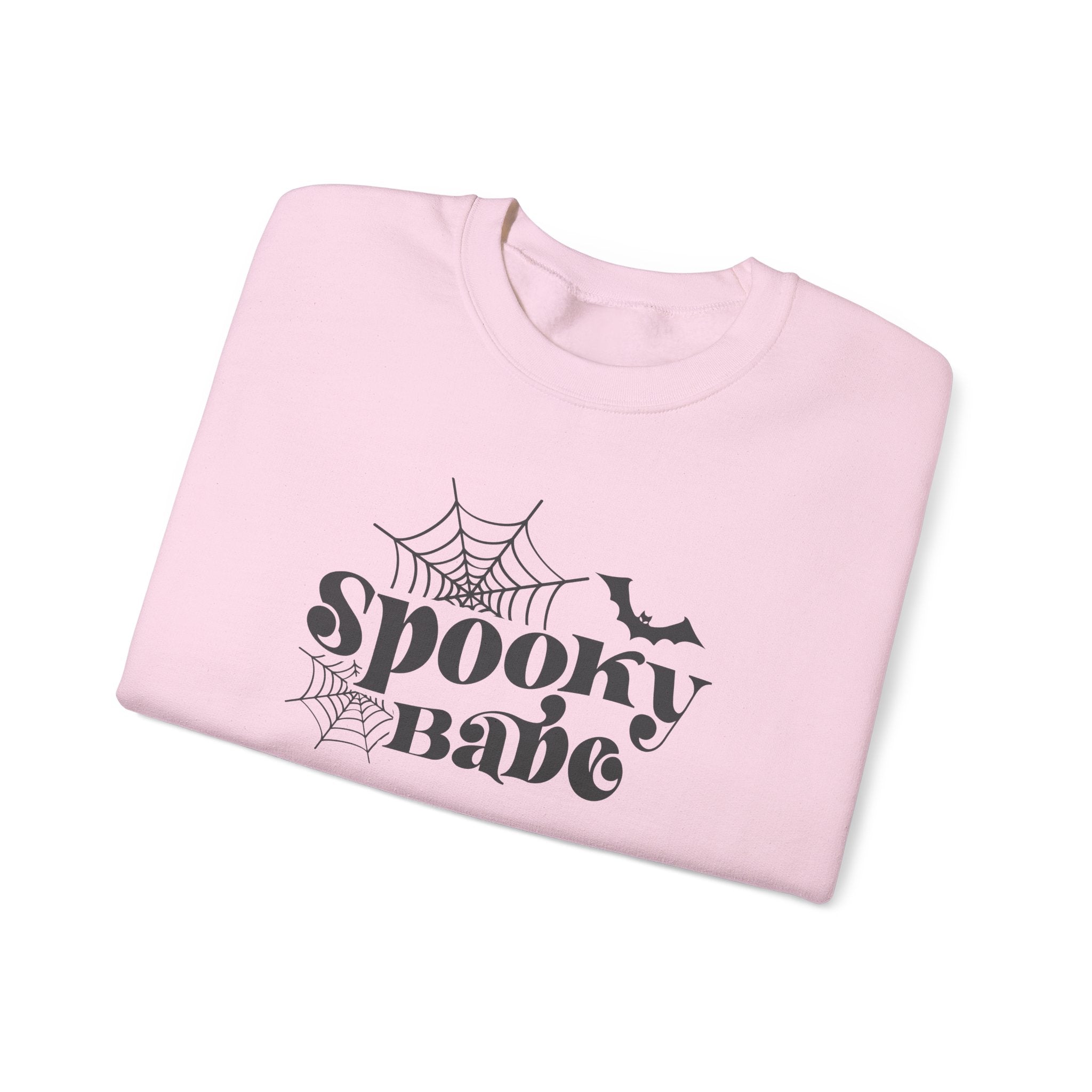 Spooky Babe Sweatshirt — Halloween Spiderweb & Bat Graphic Crewneck