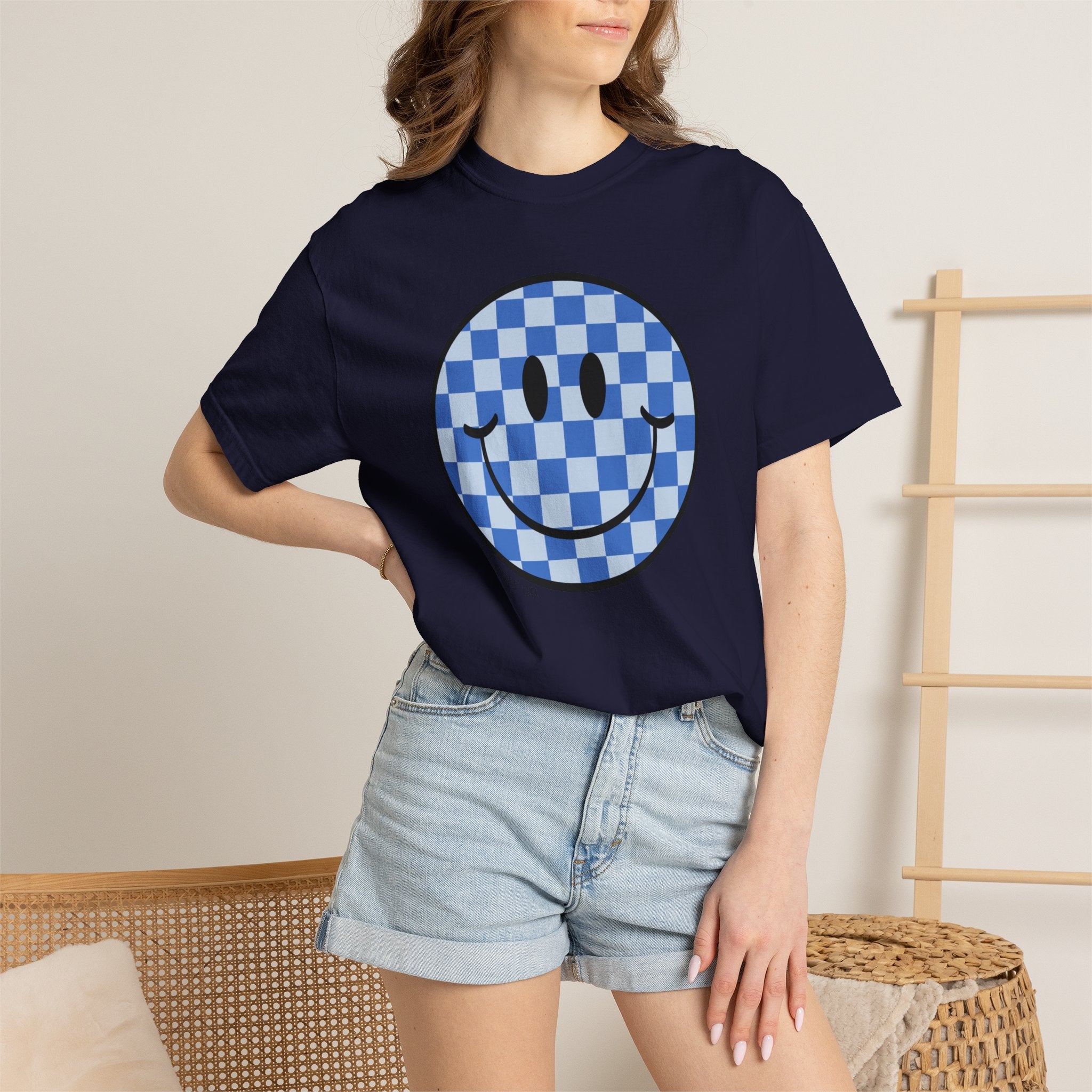 Blue Checkerboard Smiley T-shirt | Mama Who Loves Her Boy Tee