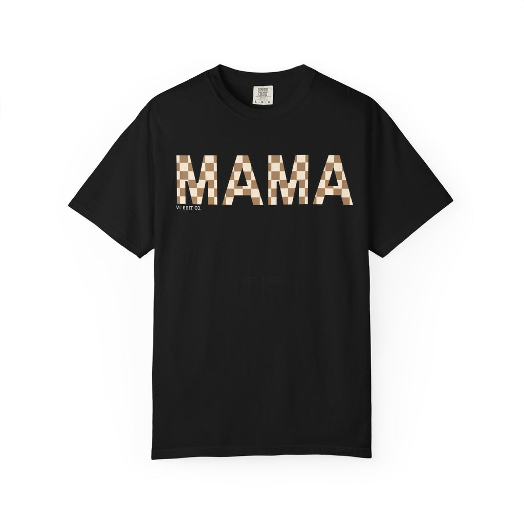 Mama Checkerboard T-Shirt | Mom Typography Tee, Neutral Plaid Letters