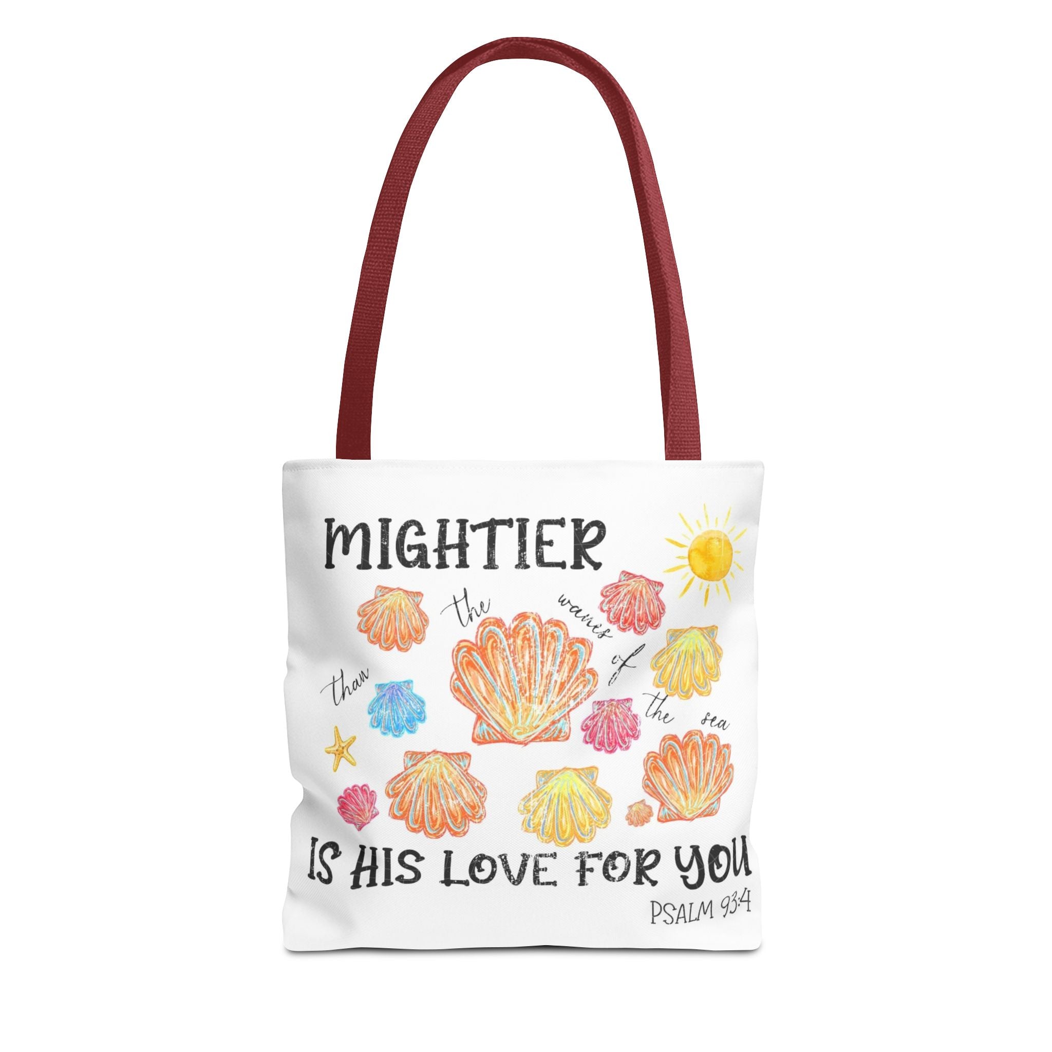 Christian Scripture Tote Bag - "Mightier Is His Love For You" Psalm 93:4 Watercolor Shells