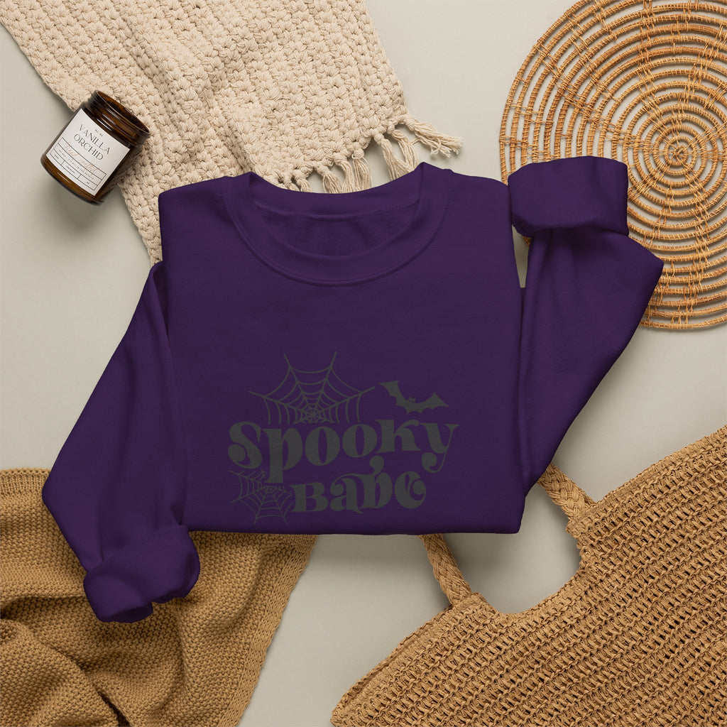 Spooky Babe Crewneck Sweatshirt — Halloween Spiderweb & Bat Graphic
