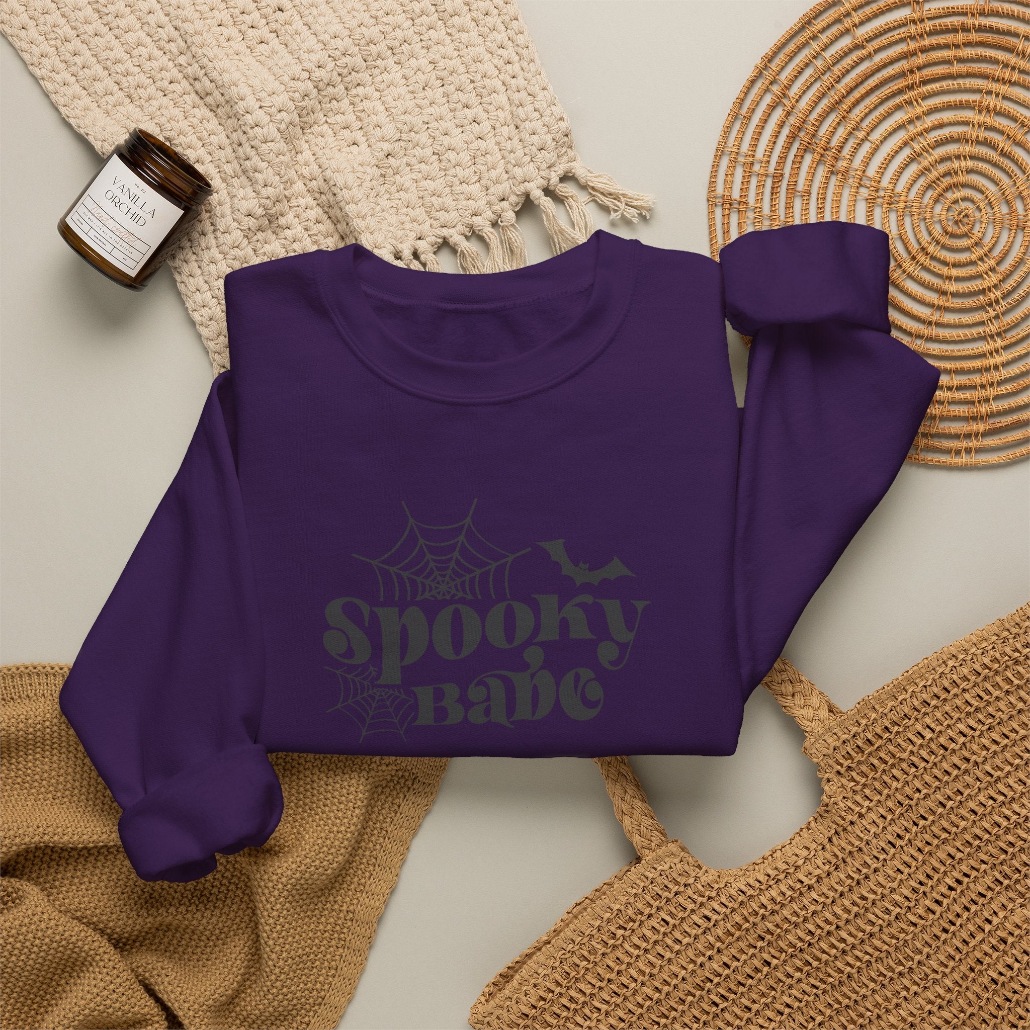 Spooky Babe Crewneck Sweatshirt — Halloween Spiderweb & Bat Graphic