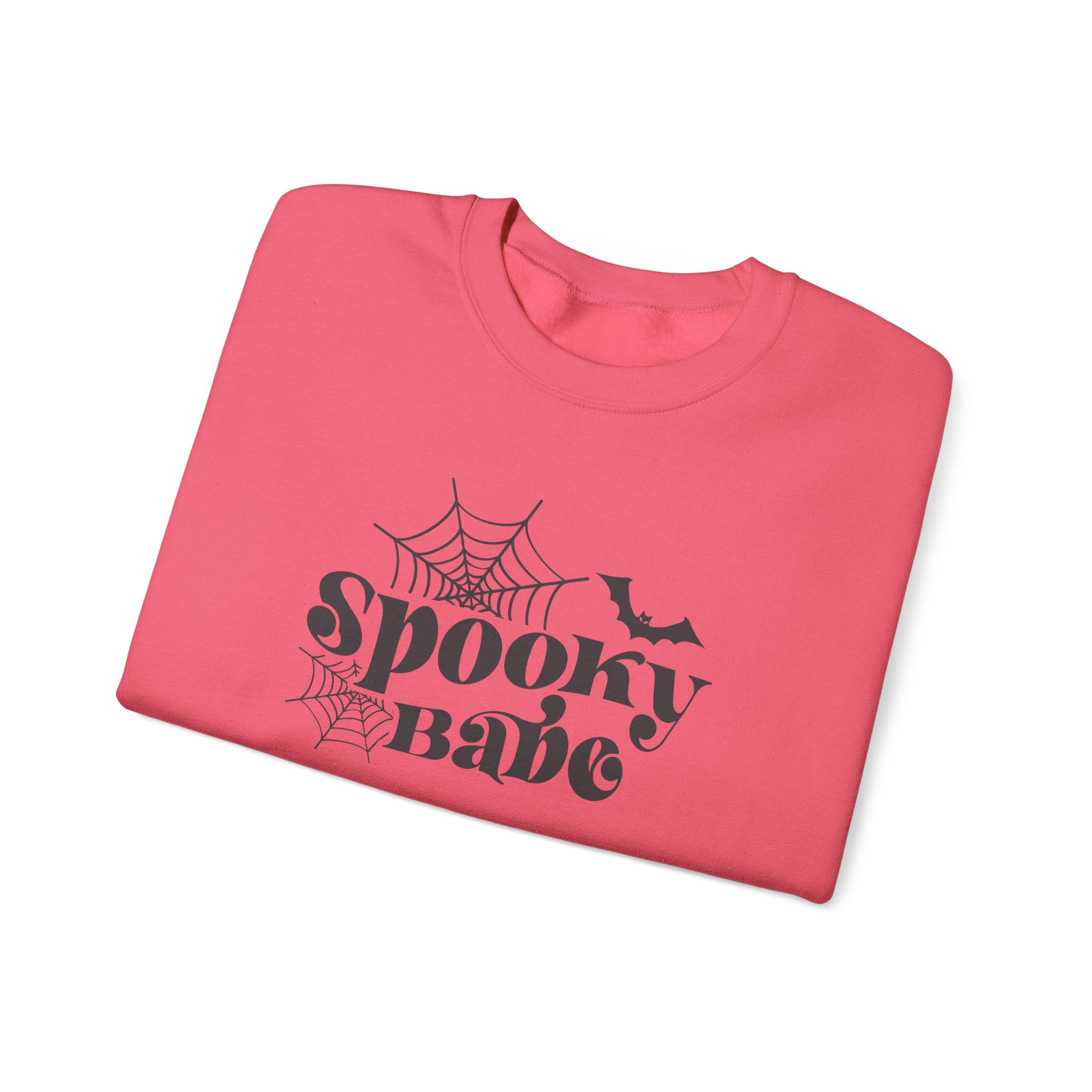 Spooky Babe Sweatshirt — Halloween Spiderweb & Bat Graphic Crewneck
