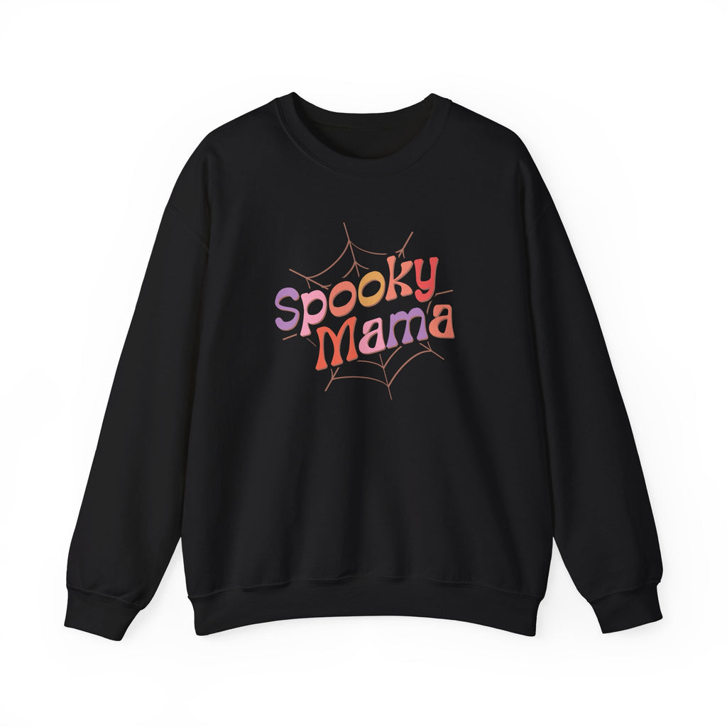 Spooky Mama Sweatshirt — Halloween Mom Crewneck with Retro Spiderweb Design