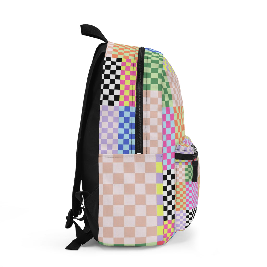 Checkerboard Patchwork Backpack — Pastel Rainbow Skate-Style School Bag