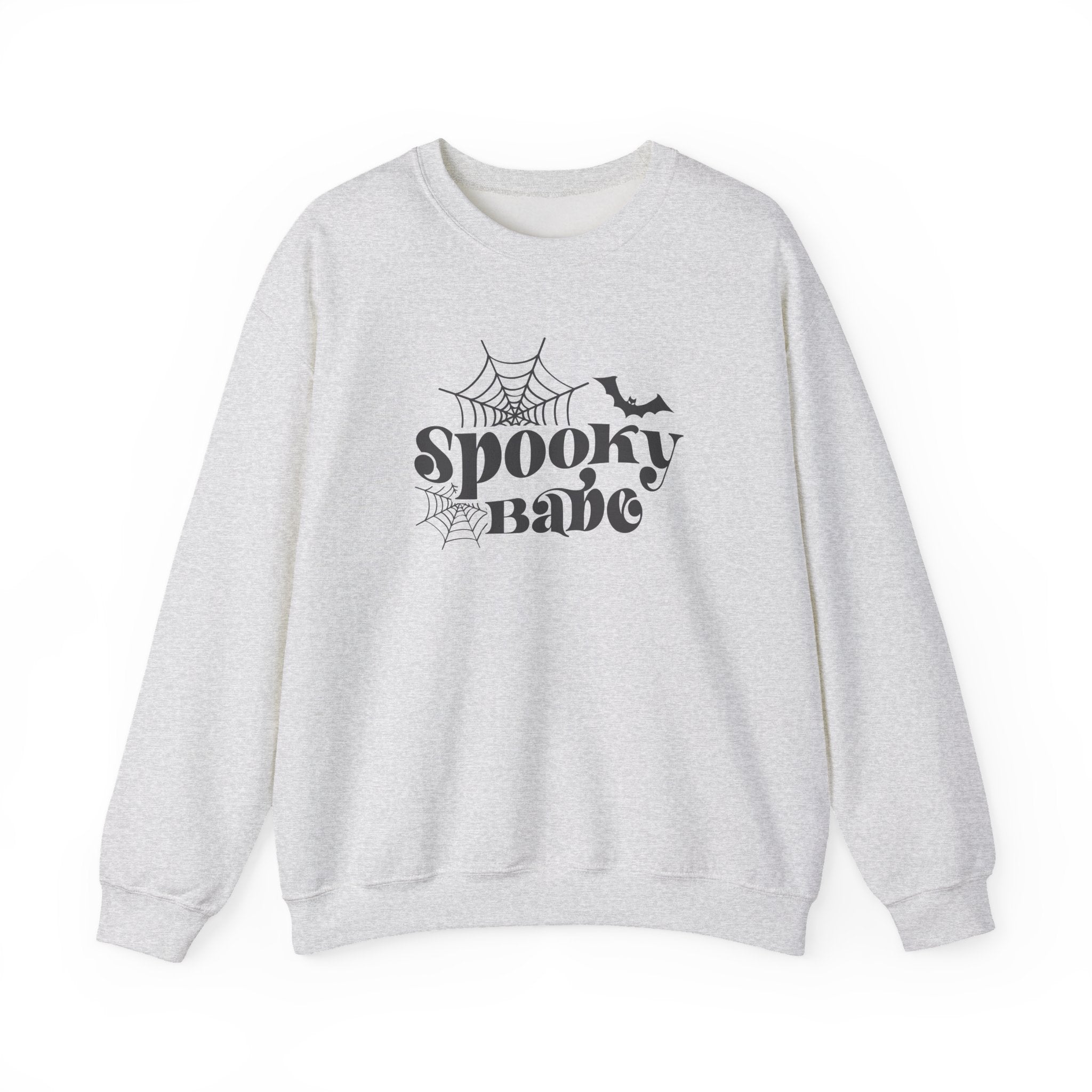 Spooky Babe Sweatshirt — Halloween Spiderweb & Bat Graphic Crewneck