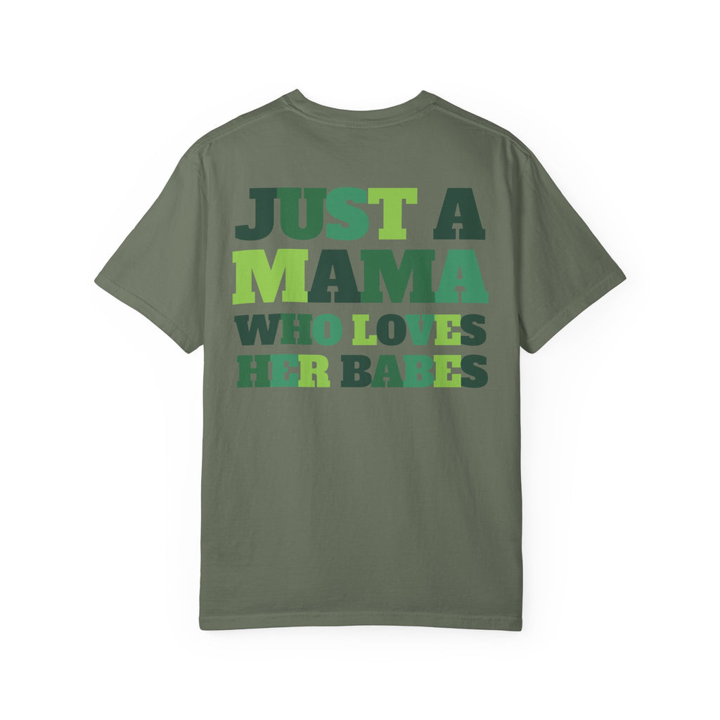 Green Checker Smiley Face T-shirt | Text Back "Just A Mama Who Loves Her Babes"
