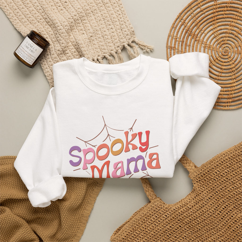 Spooky Mama Sweatshirt — Halloween Mom Crewneck with Retro Spiderweb Design