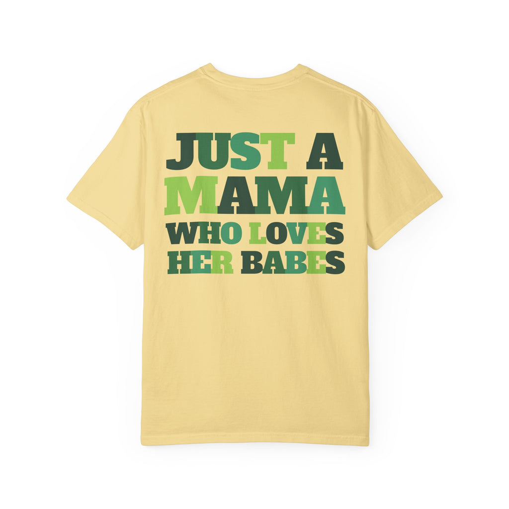 Green Checker Smiley Face T-shirt | Text Back "Just A Mama Who Loves Her Babes"
