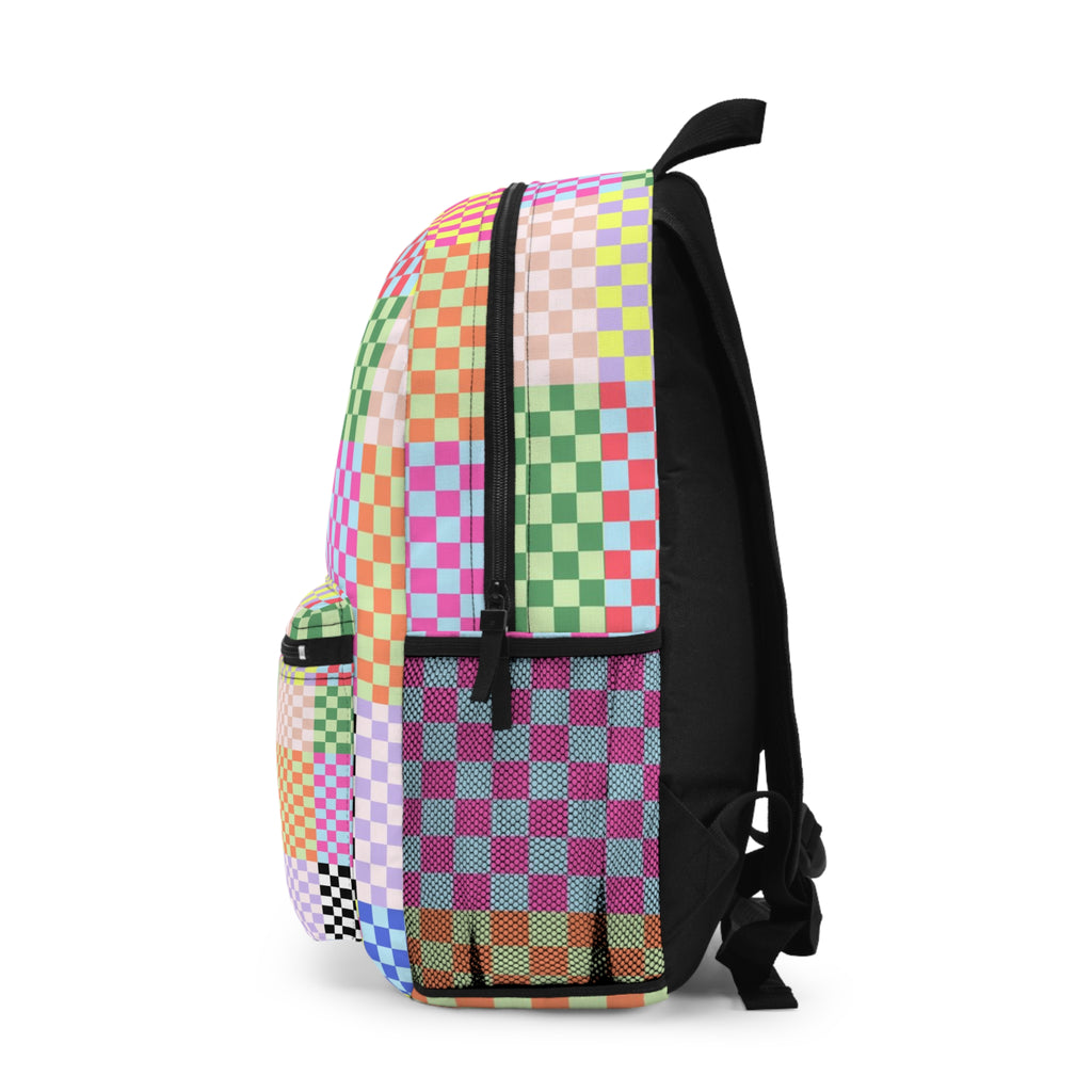 Checkerboard Patchwork Backpack — Pastel Rainbow Skate-Style School Bag