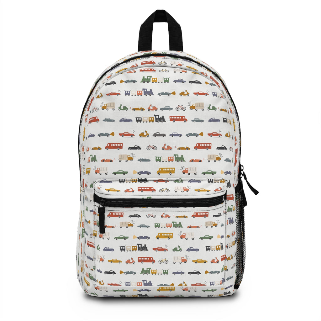 Kids' White Mini Vehicles Backpack — Cute Cars, Trucks & Bikes Print