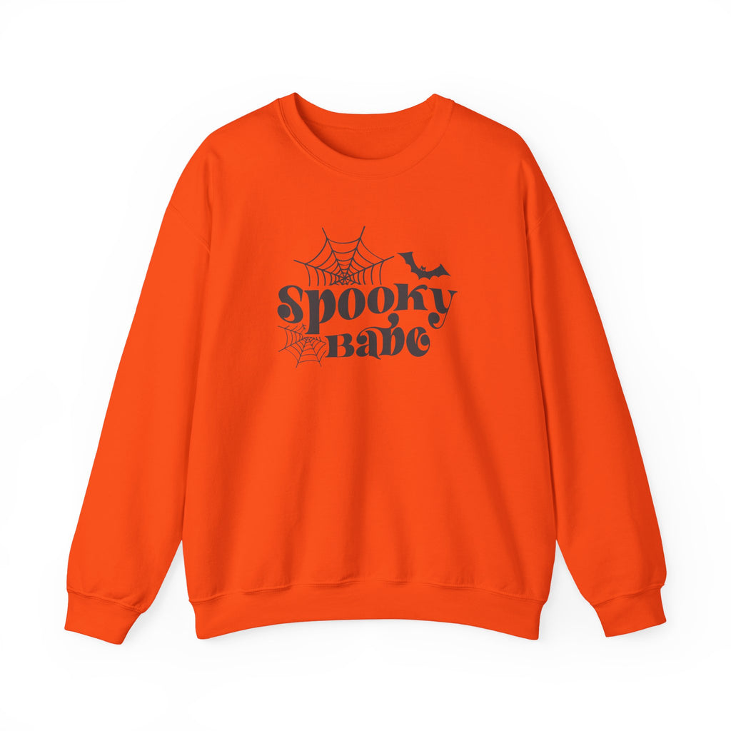 Spooky Babe Sweatshirt — Halloween Spiderweb & Bat Graphic Crewneck