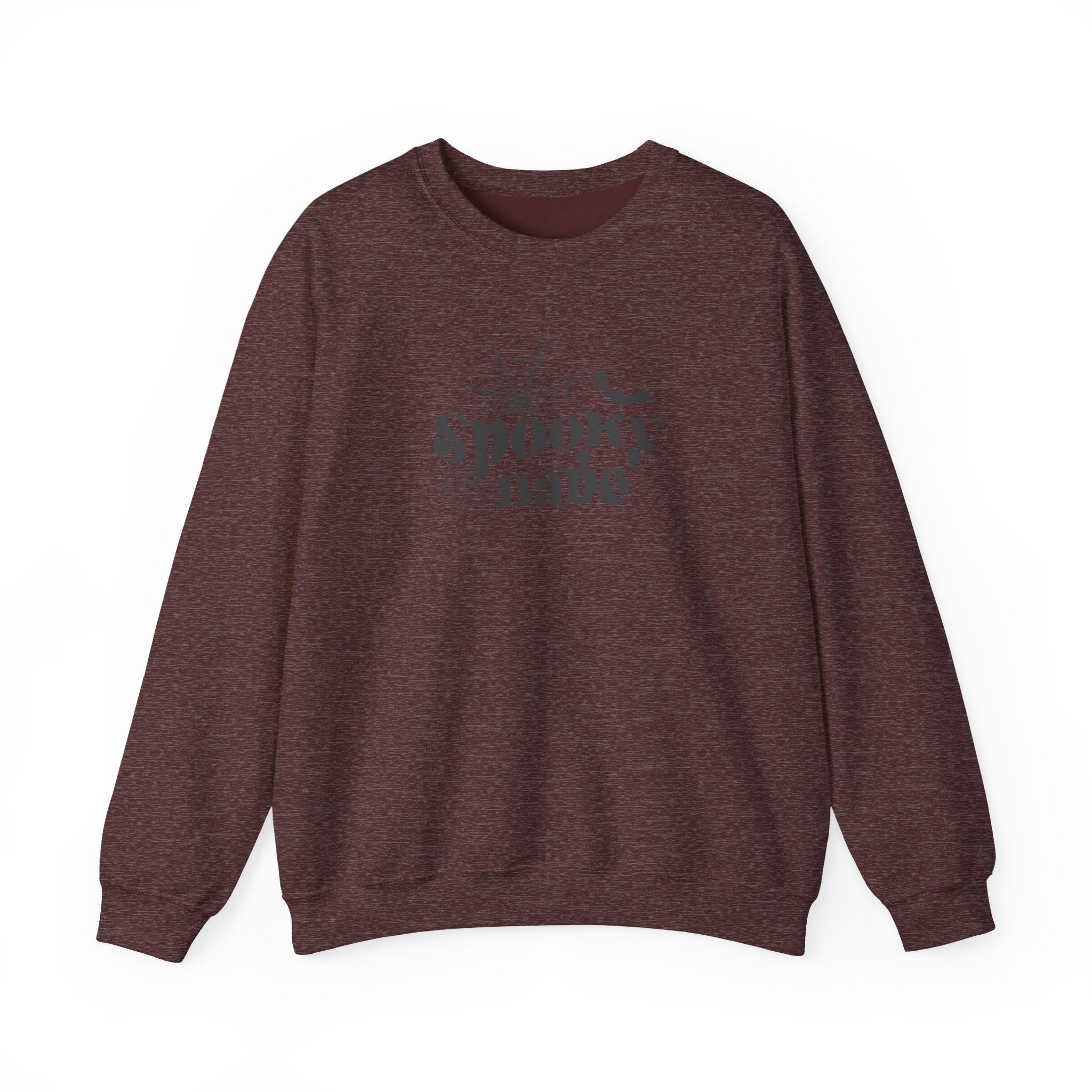 Spooky Babe Crewneck Sweatshirt — Halloween Spiderweb & Bat Graphic