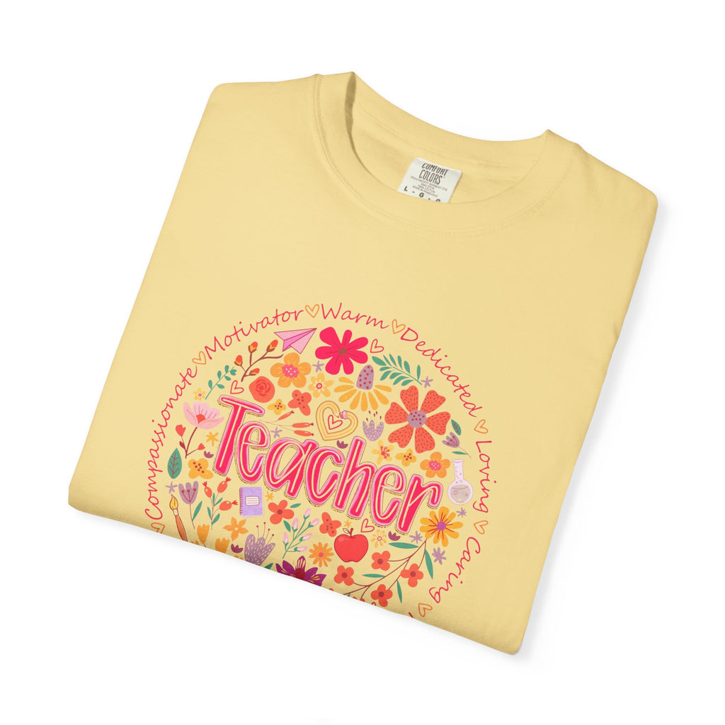 Teacher Floral Circle T-Shirt | Handlettered Teacher Typography, Bright Flower Design