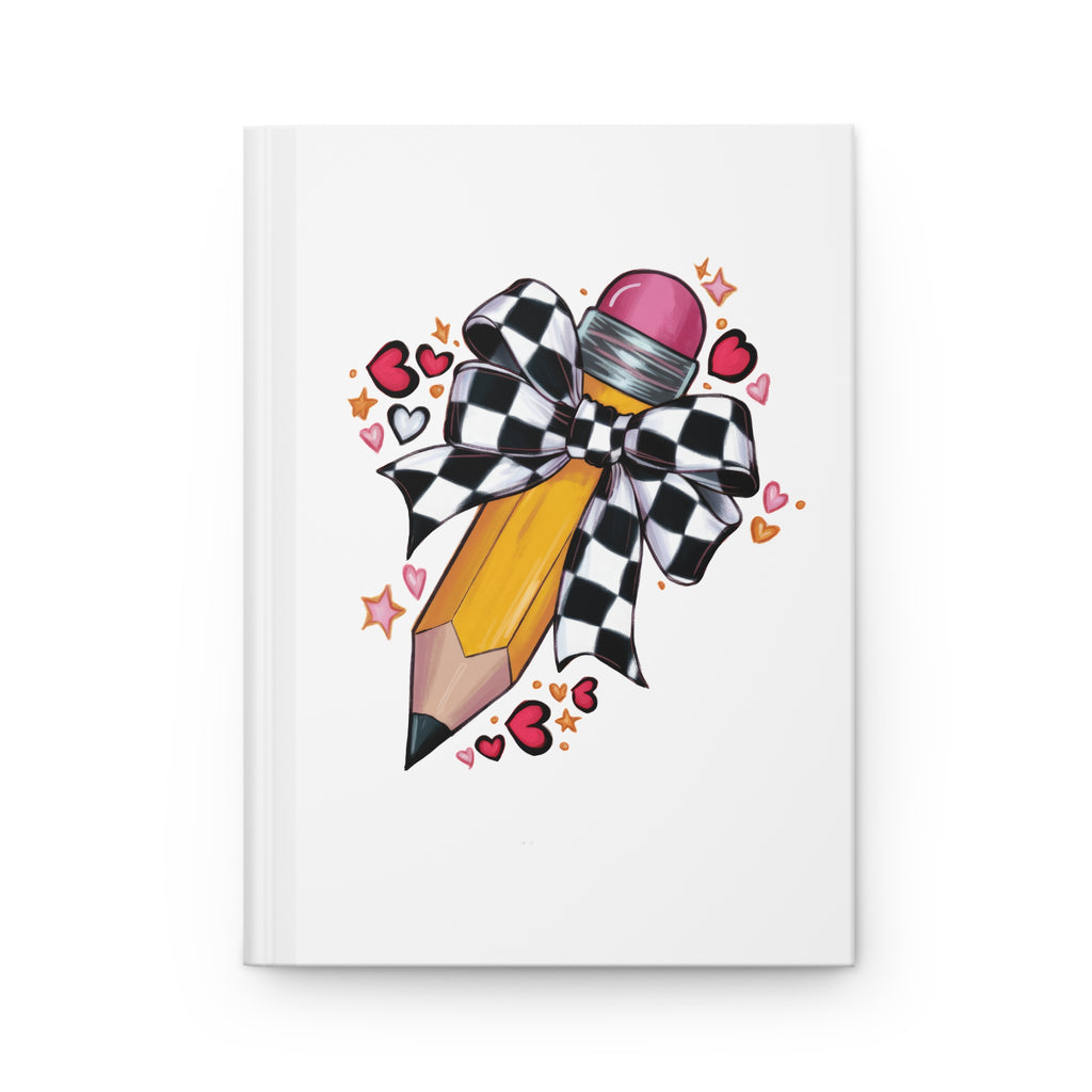 Pencil & Checkerboard Bow Hardcover Journal — Cute School Notes, Doodles & Gift Notebook