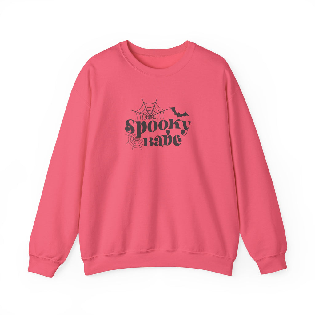 Spooky Babe Crewneck Sweatshirt — Halloween Spiderweb & Bat Graphic