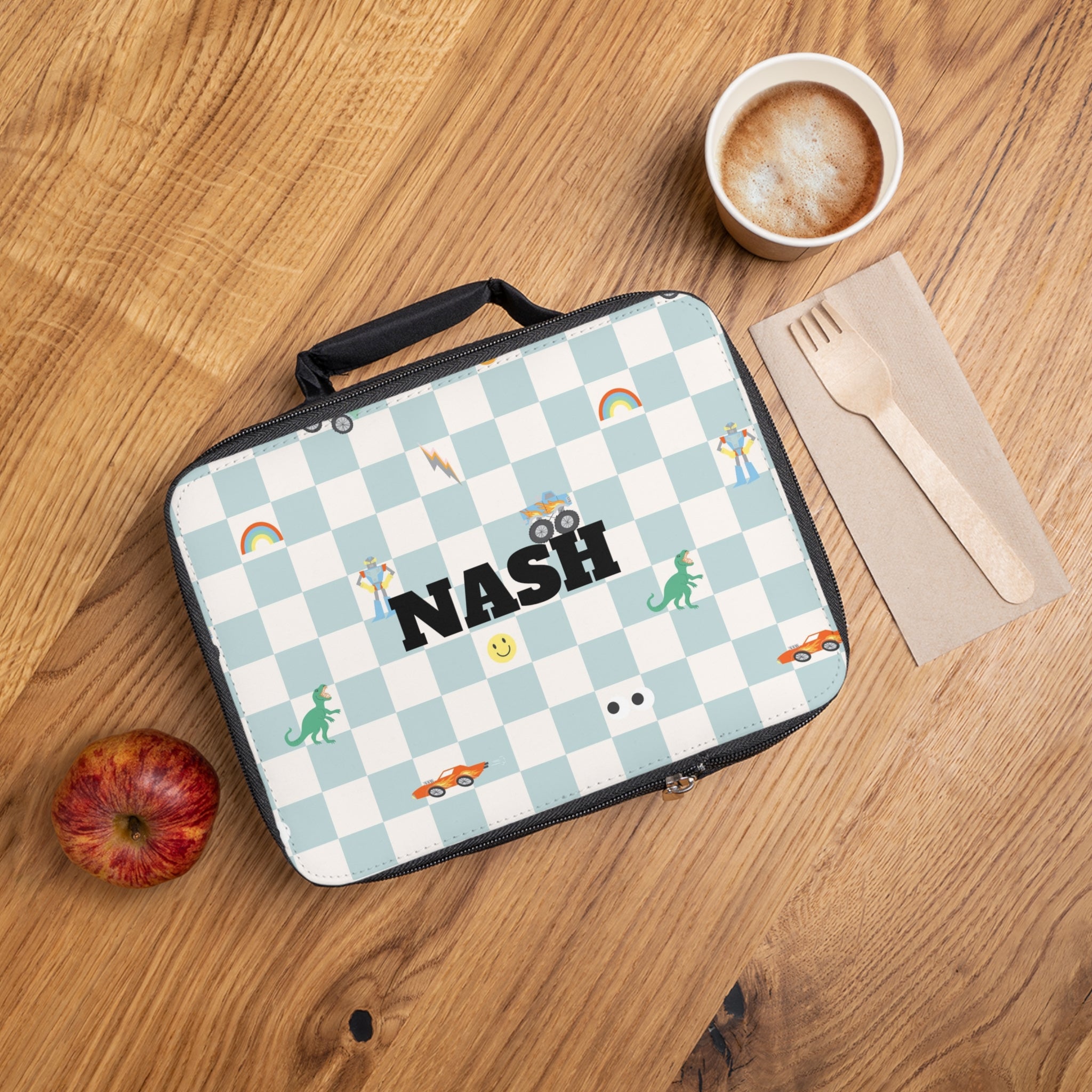 Personalized Kids Lunch Bag — Checkerboard Name Lunchbox with Cars, Dinosaurs & Rainbows