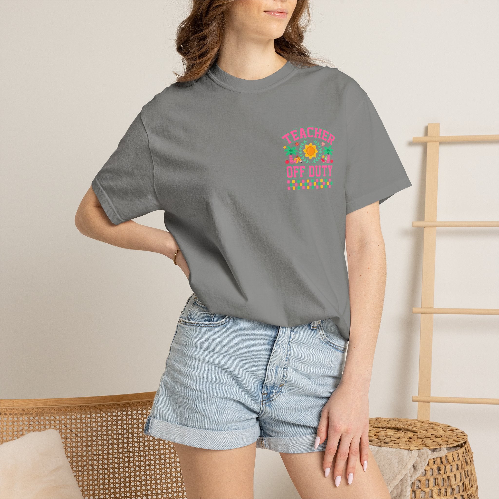 Teacher Off Duty T-Shirt | Beach Sun Palm Trees Retro Checkerboard