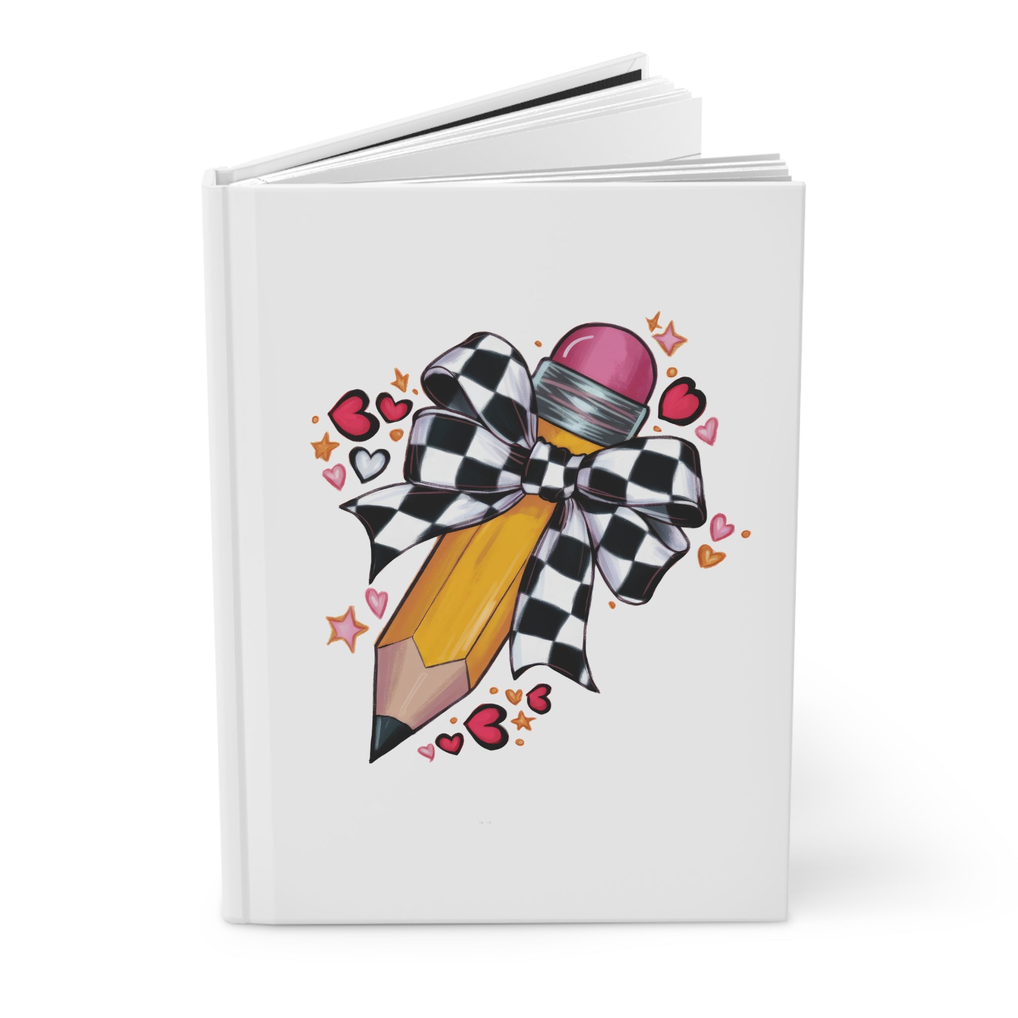Pencil & Checkerboard Bow Hardcover Journal — Cute School Notes, Doodles & Gift Notebook