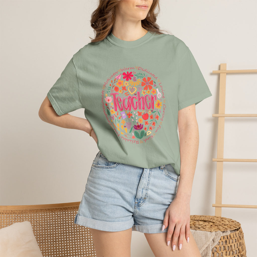 Teacher Floral Circle T-Shirt | Handlettered Teacher Typography, Bright Flower Design