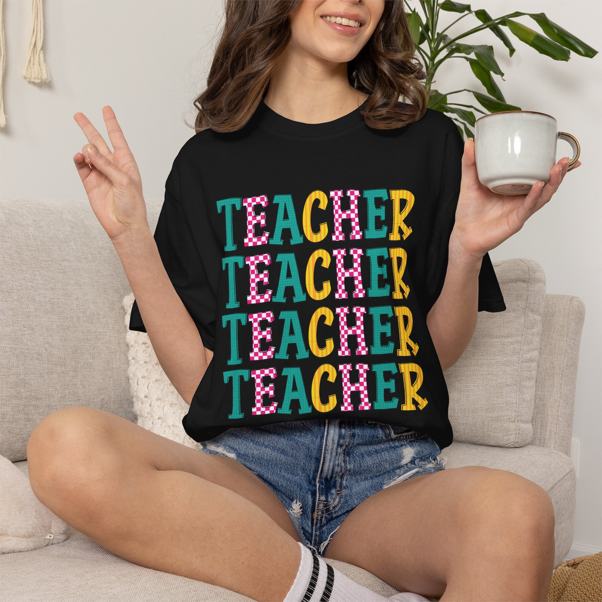 Teacher Repeat Pattern T-Shirt — Colorful Back-to-School Gift