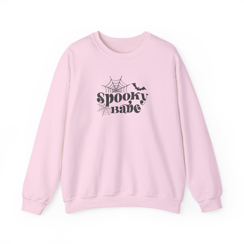 Spooky Babe Crewneck Sweatshirt — Halloween Spiderweb & Bat Graphic