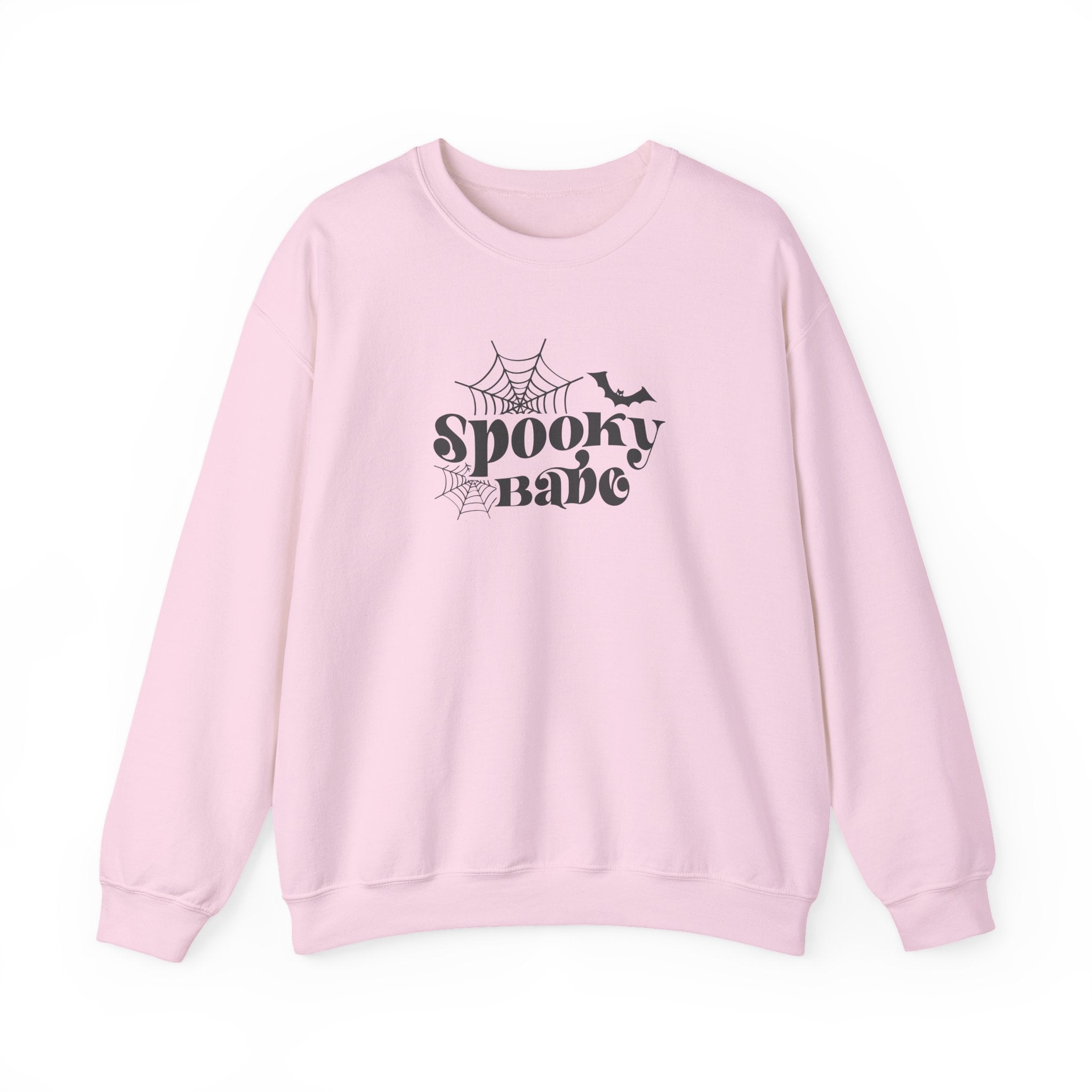 Spooky Babe Crewneck Sweatshirt — Halloween Spiderweb & Bat Graphic