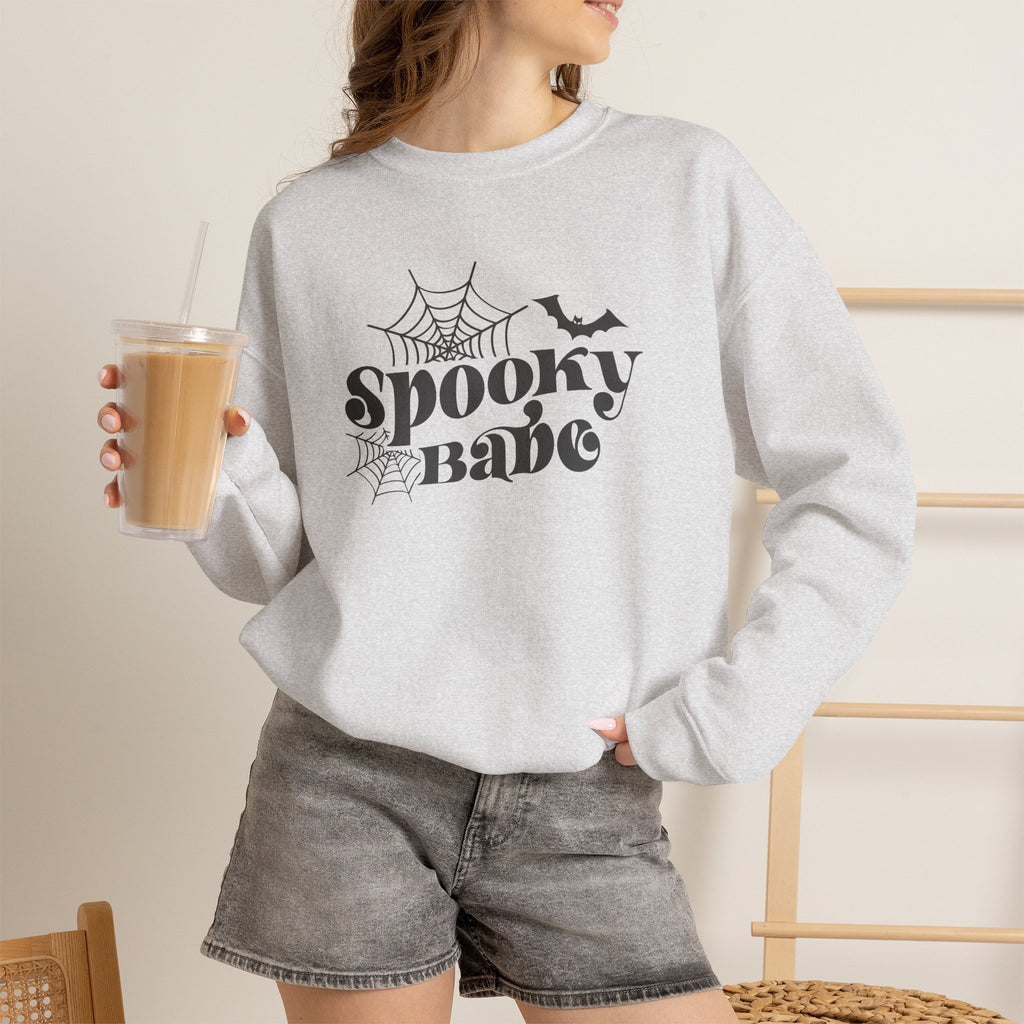 Spooky Babe Sweatshirt — Halloween Spiderweb & Bat Graphic Crewneck