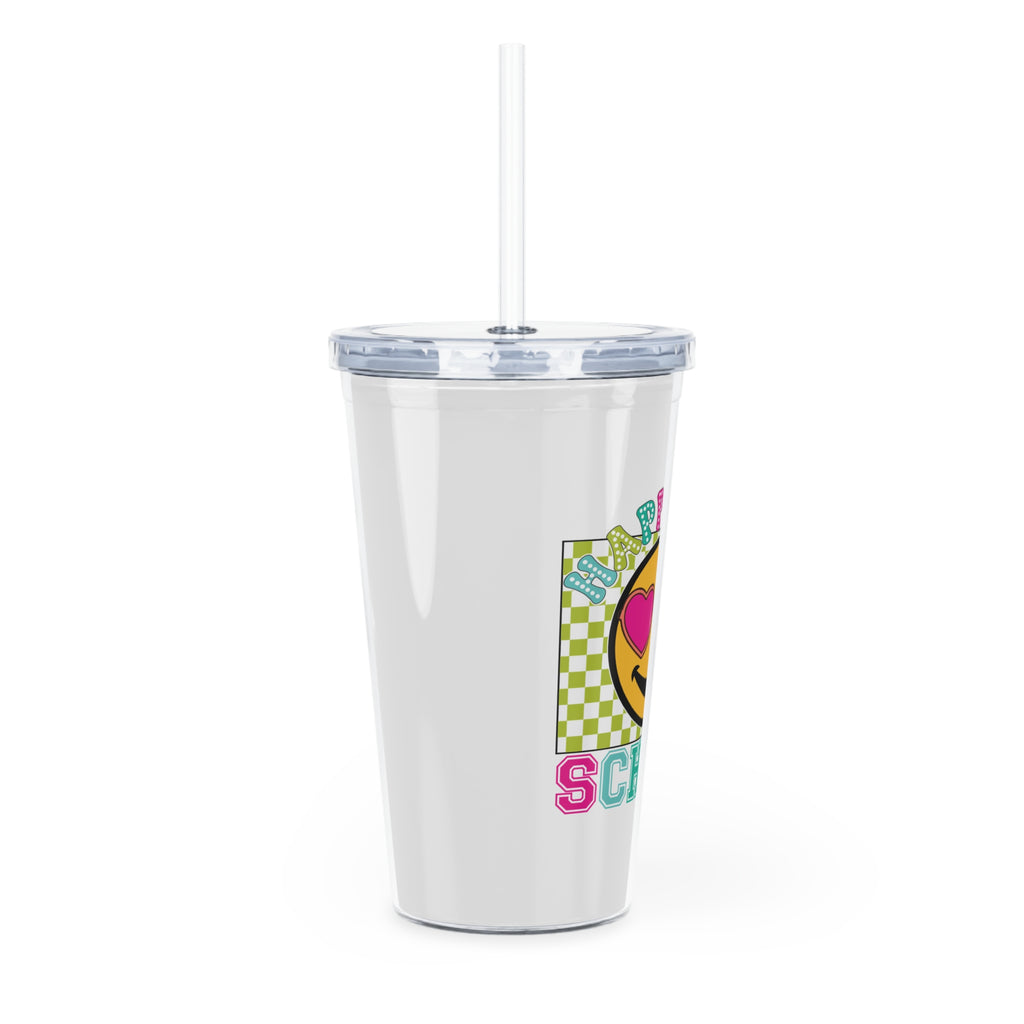 Happy for School Plastic Tumbler with Straw — Back-to-School Emoji Drink Cup