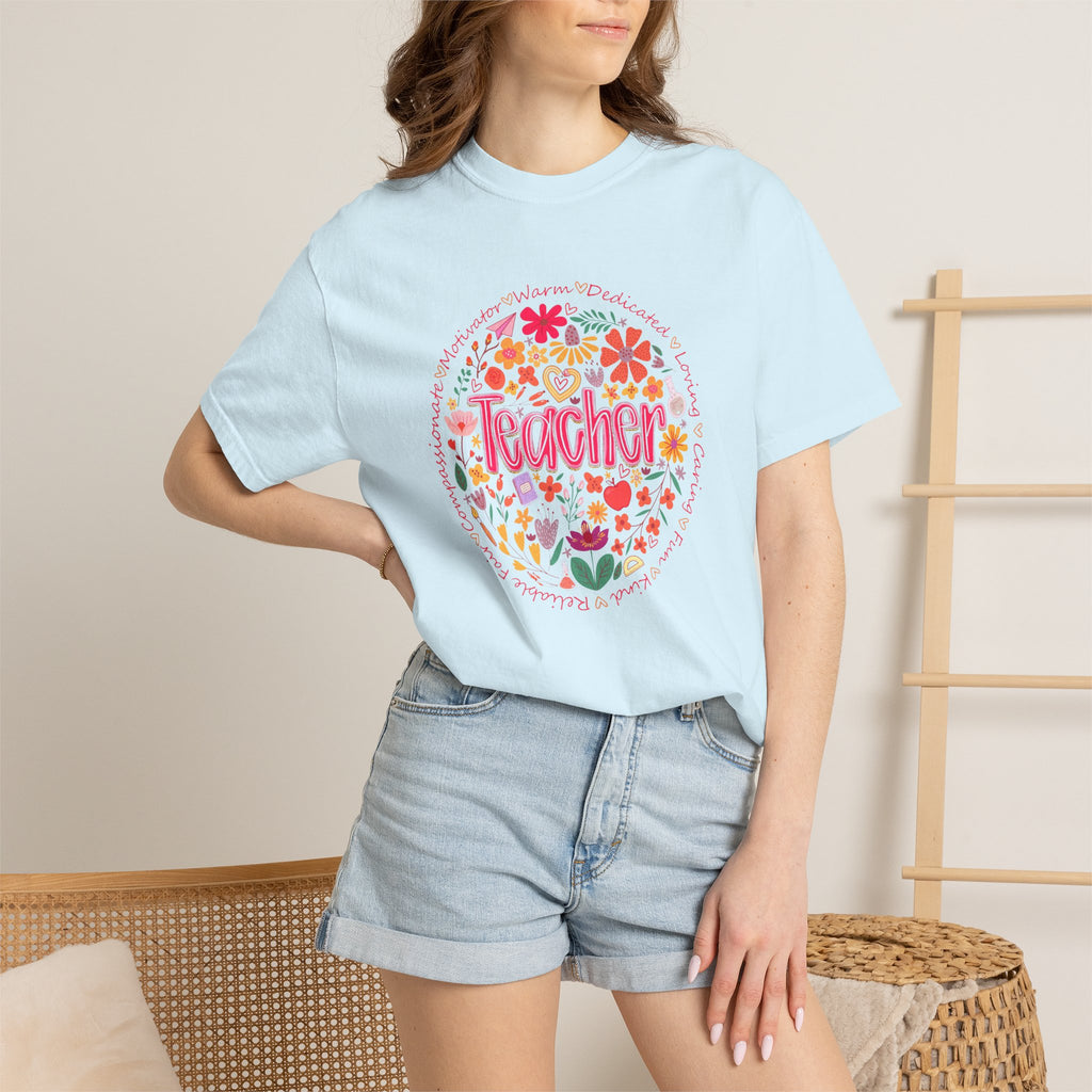 Teacher Floral Circle T-Shirt | Handlettered Teacher Typography, Bright Flower Design