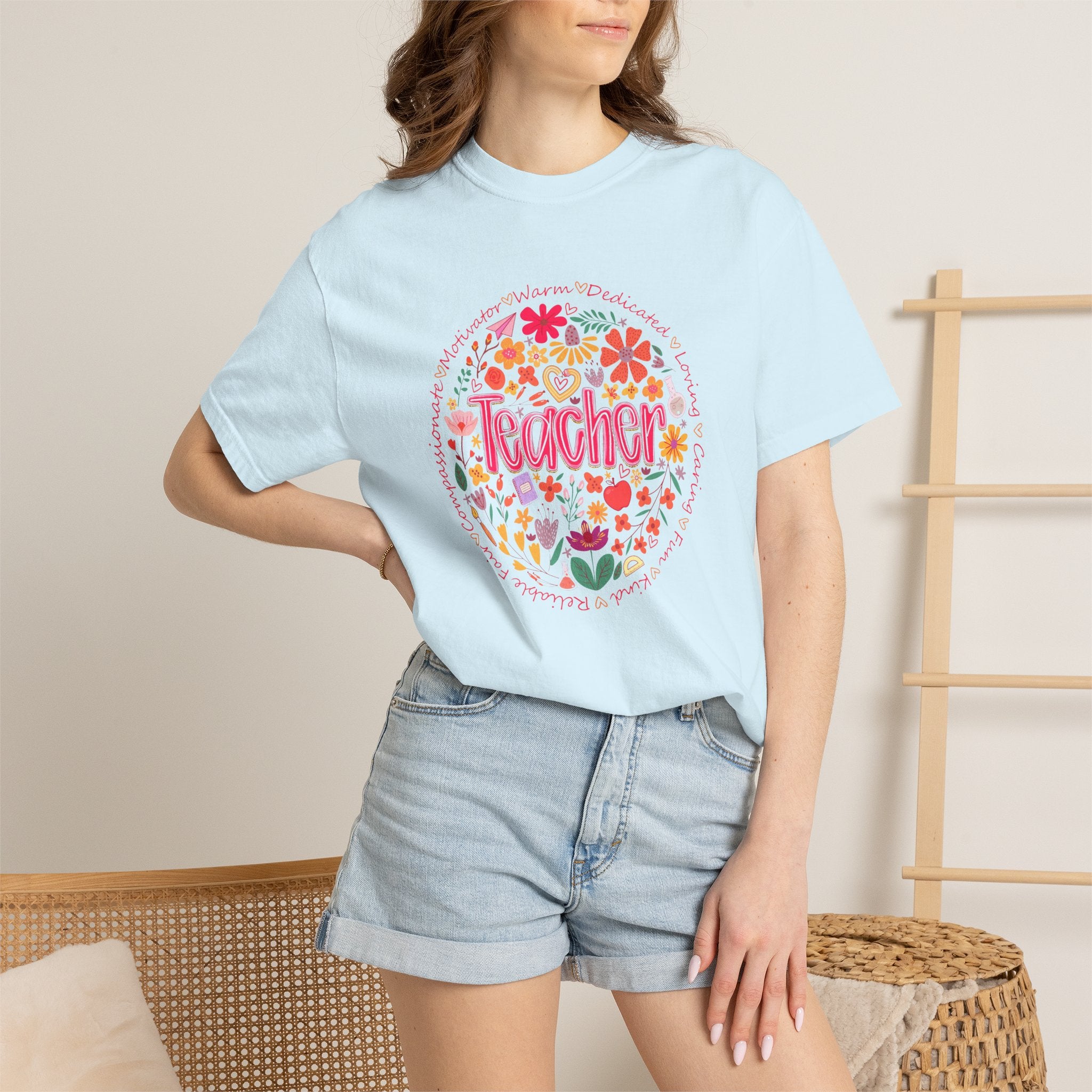 Teacher Floral Circle T-Shirt | Handlettered Teacher Typography, Bright Flower Design