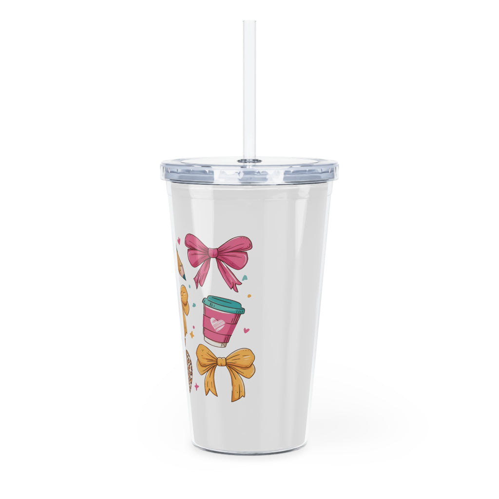Teacher Life Plastic Tumbler with Straw — Books, Apple & Coffee Bow Tie Design