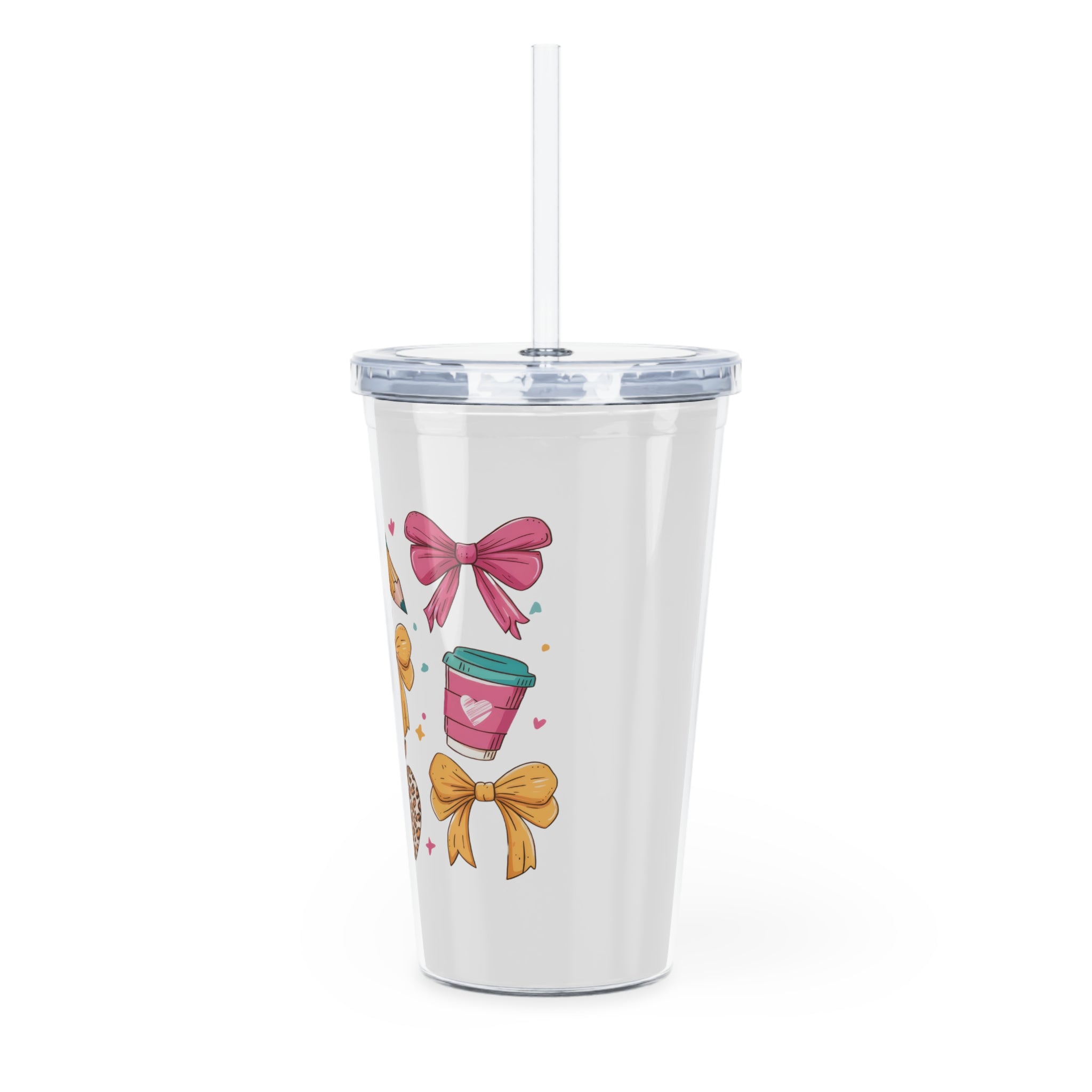 Teacher Life Plastic Tumbler with Straw — Books, Apple & Coffee Bow Tie Design