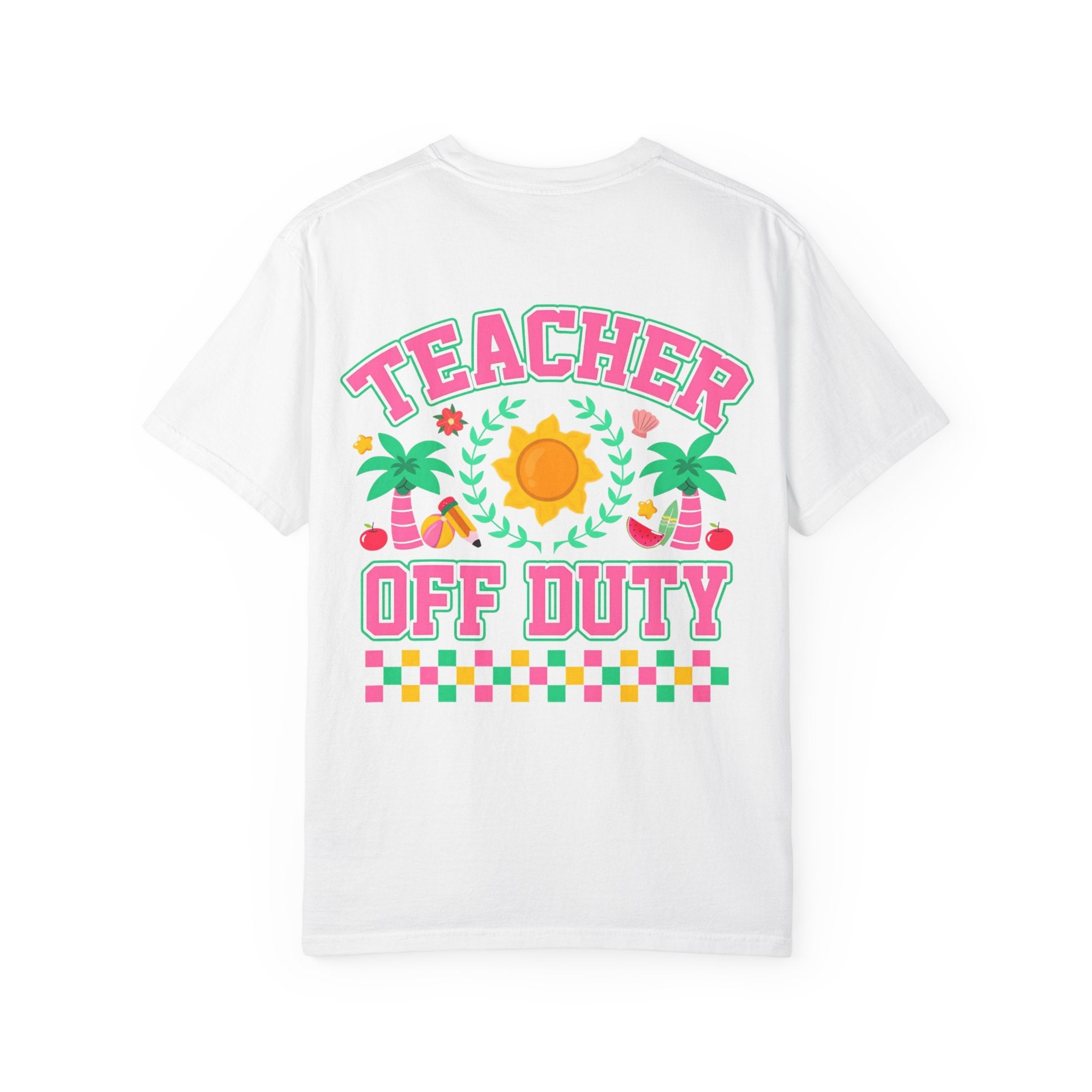 Teacher Off Duty T-Shirt | Beach Sun Palm Trees Retro Checkerboard