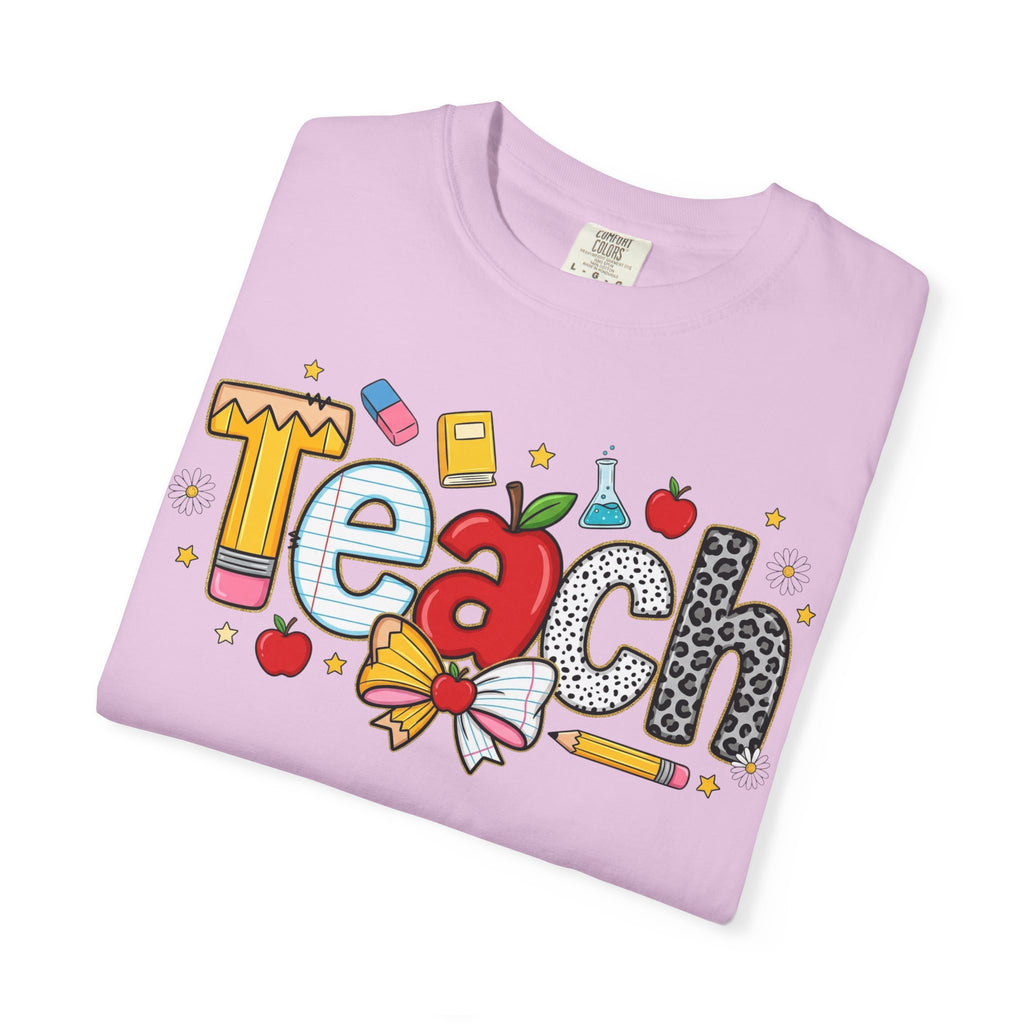 Teach Graphic T-Shirt — Cute School Teacher Gift (Apple, Pencil & Bow Design)