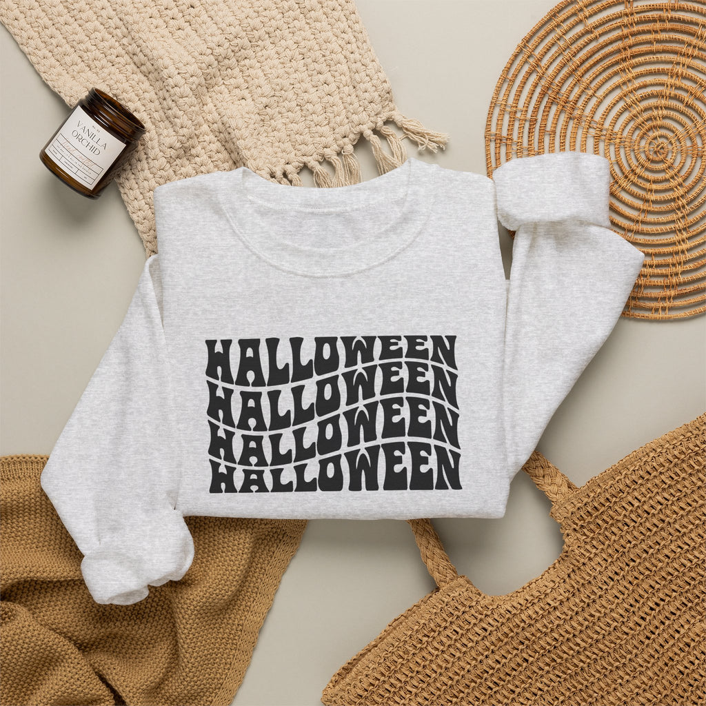 Halloween Repeat Crewneck Sweatshirt — Retro Stacked "Halloween" Graphic