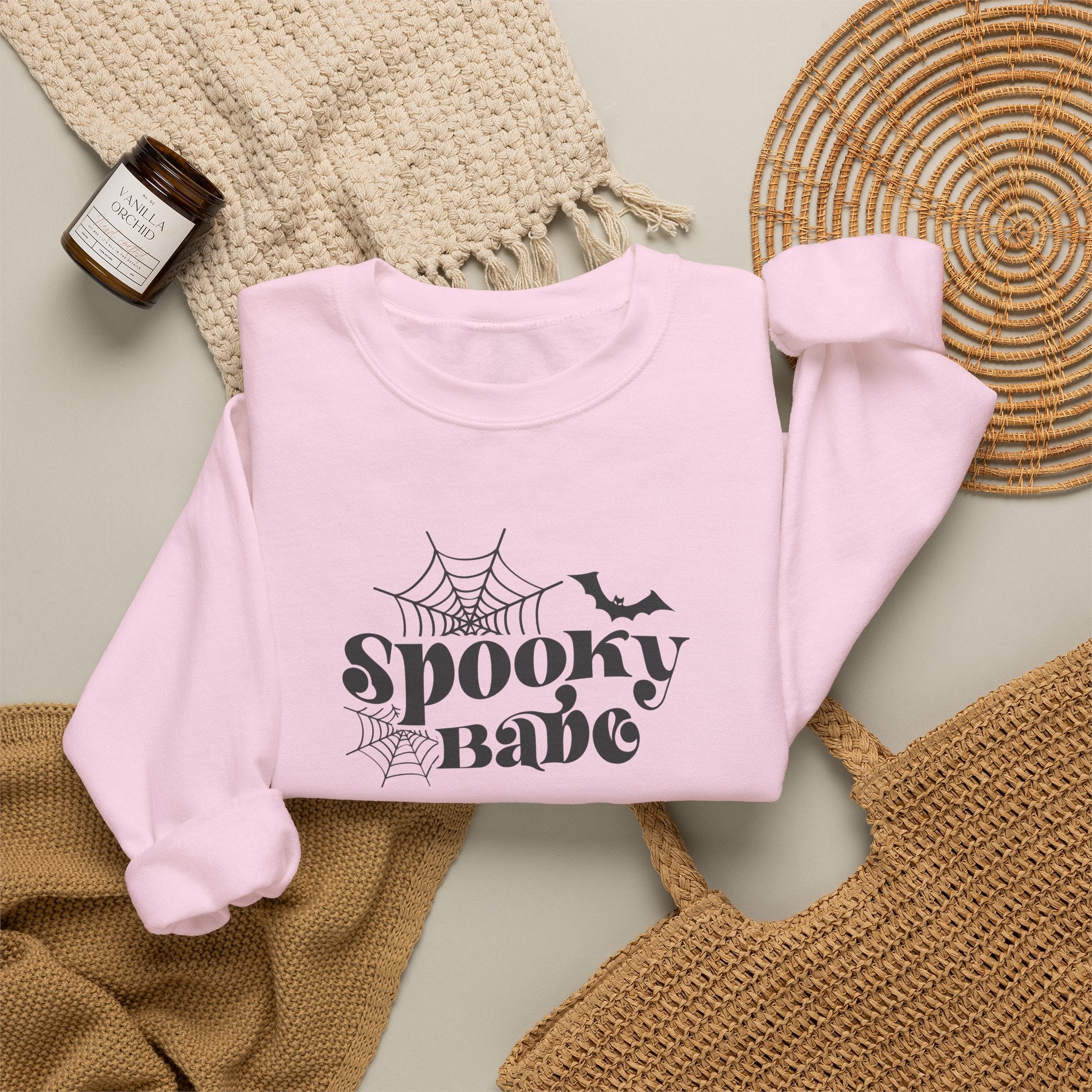 Spooky Babe Crewneck Sweatshirt — Halloween Spiderweb & Bat Graphic