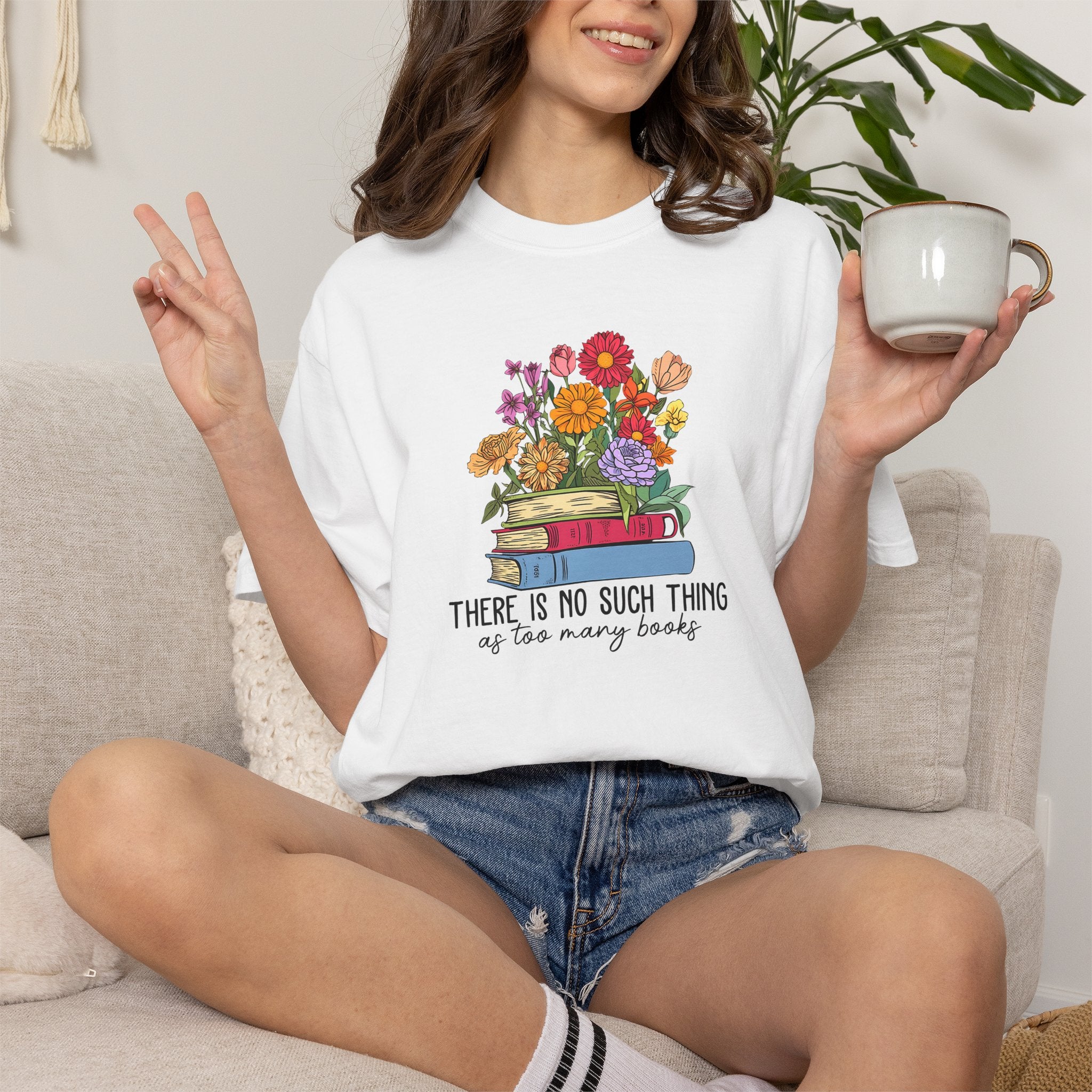 Book Lover T-Shirt — "There Is No Such Thing As Too Many Books" Floral Stack
